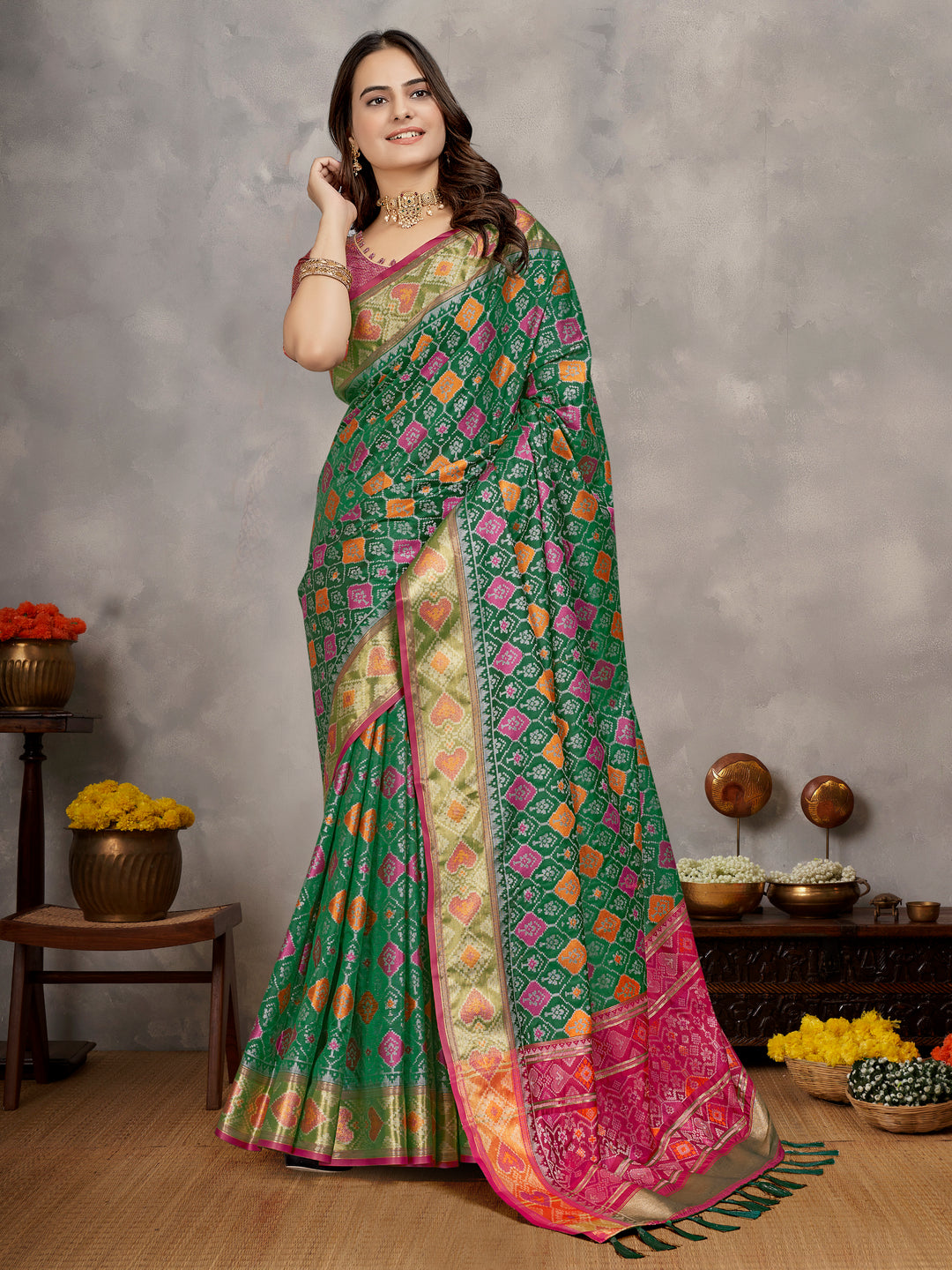 Green Maya-1 Pure Handloom Silk Ikkat Patola Saree With Kanchi Border and contrast Zari border