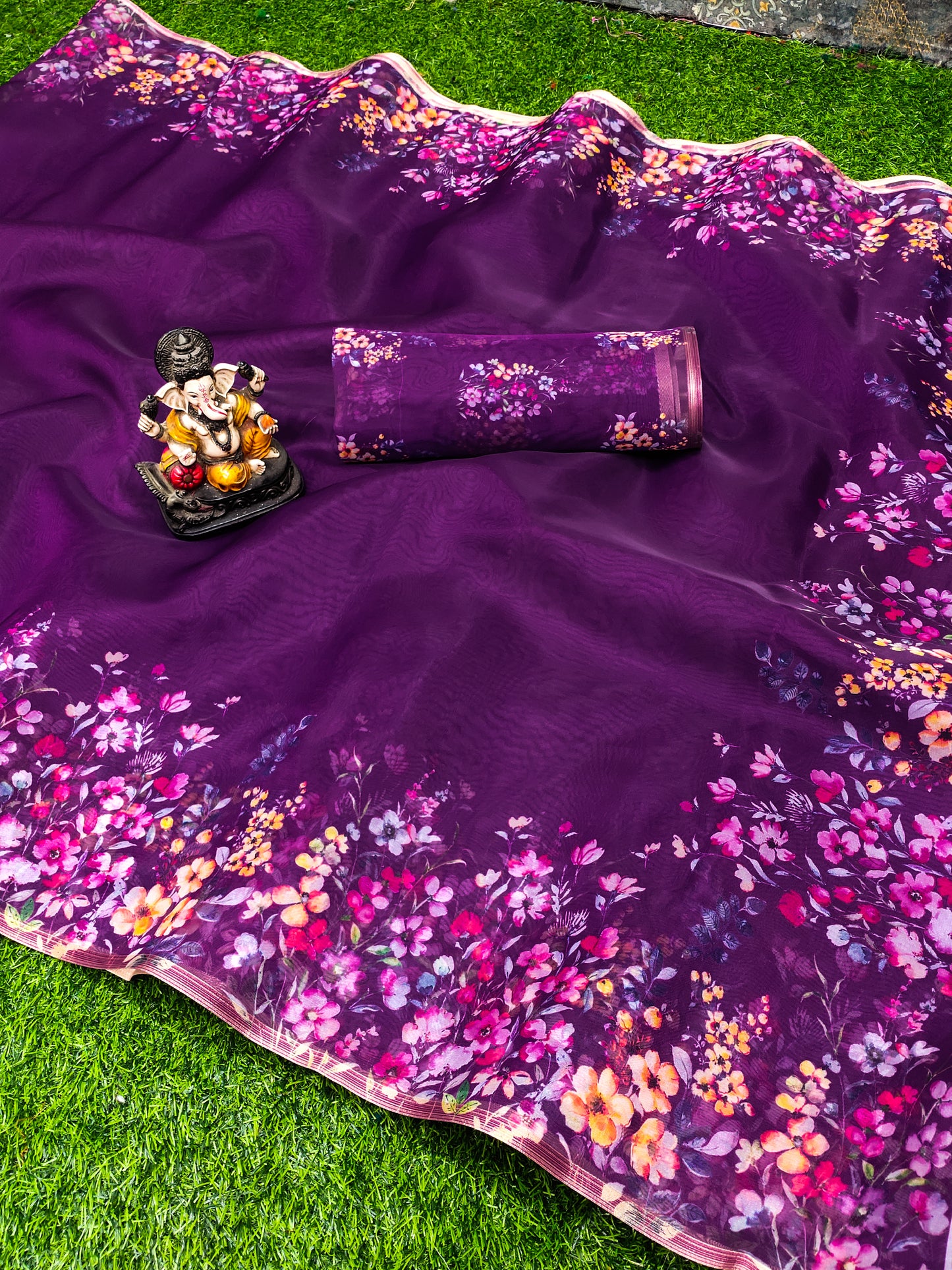 Dark Purple Kesariya Organza Digital Print Soft Shiny Art Silk Saree With Inspired Gold Border