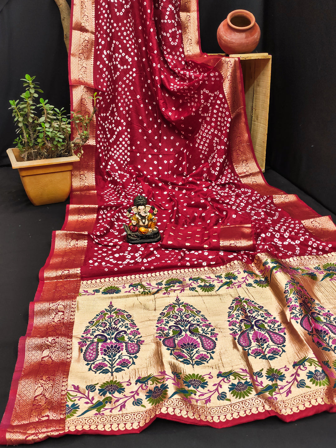 Red Subhadra Bandhej Kanjivaram Silk Saree With Kanjivaram Border With Zari Paithani Rich Pallu