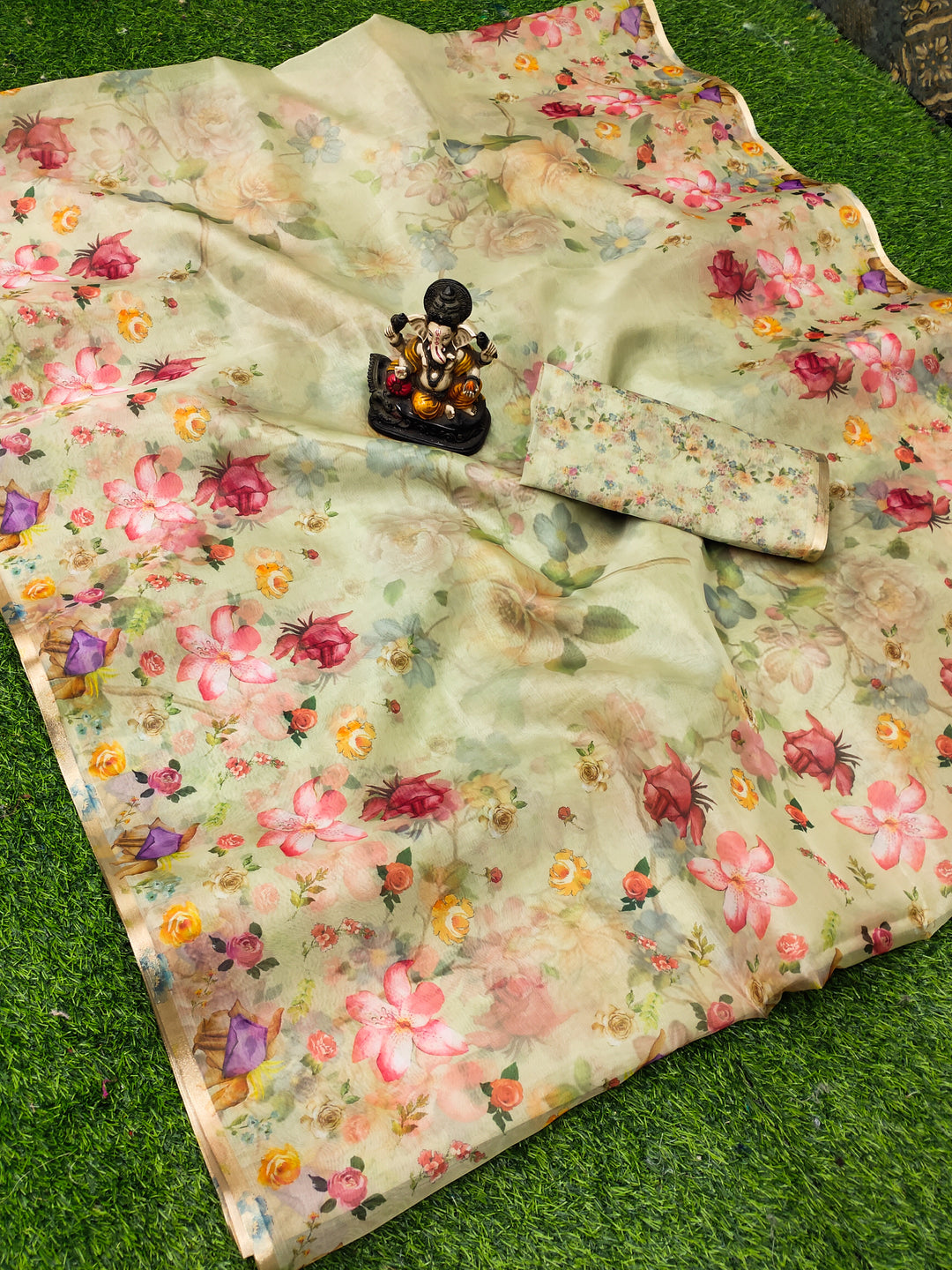 Multi Mumtaz Organza Digital Print Soft Shiny Art Silk Saree With Inspired Gold Border