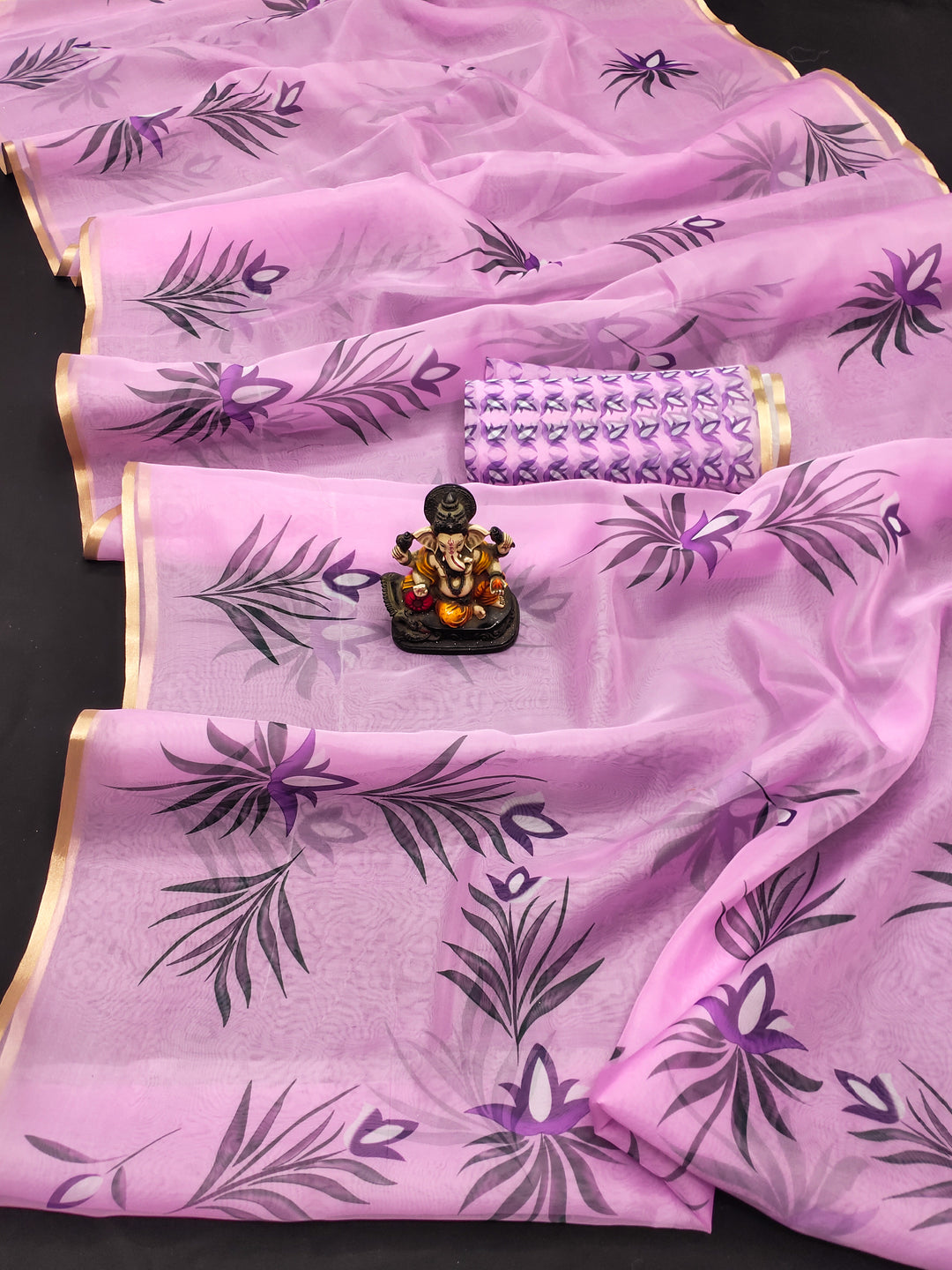 Pink Vrinda Organza Digital Print Soft Shiny Art Silk Saree With Inspired Gold Border