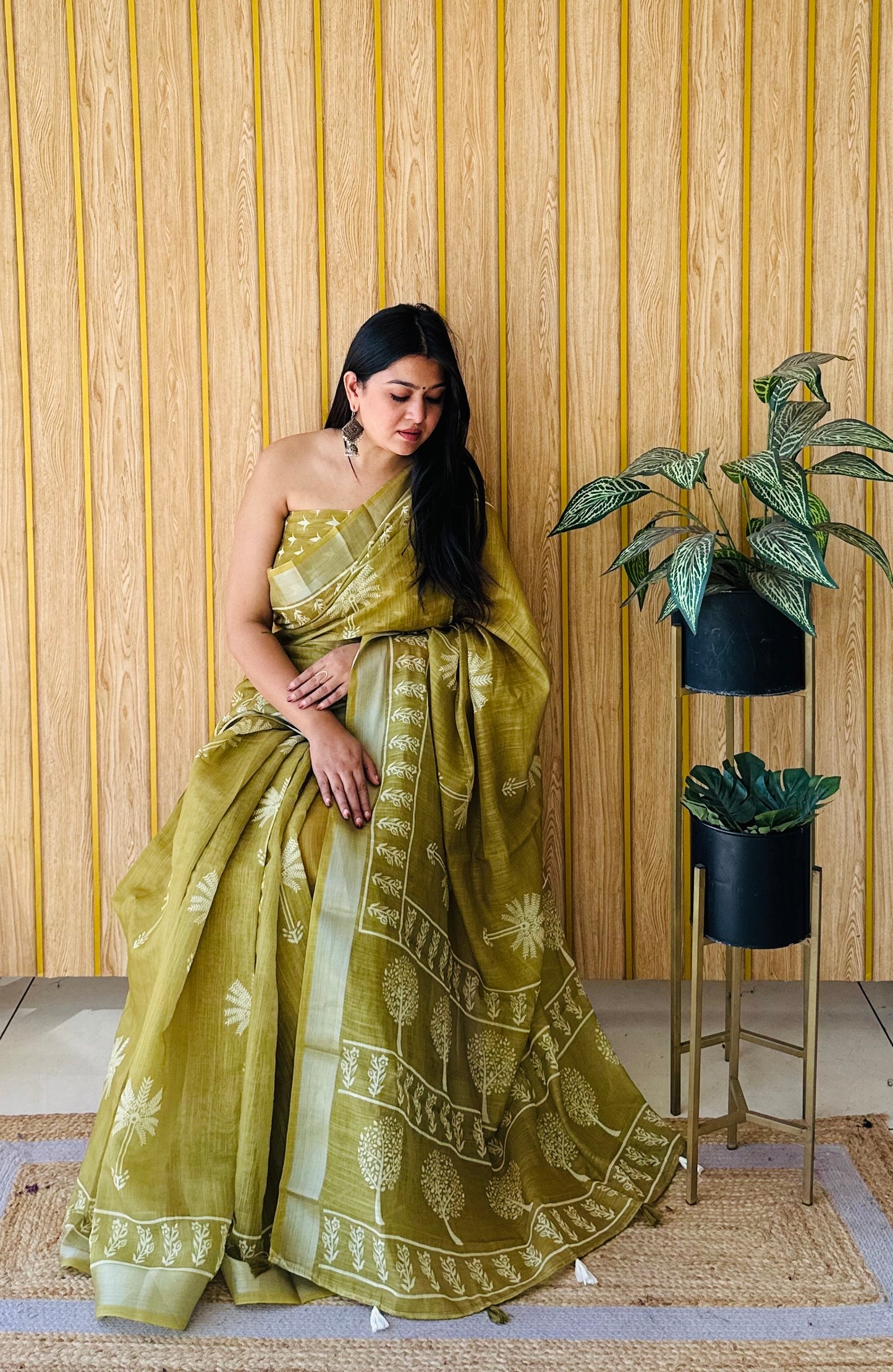Lime Green Aarya-1 Soft Linen Cotton Digital Print Sarees With Batik Print With Silver Border