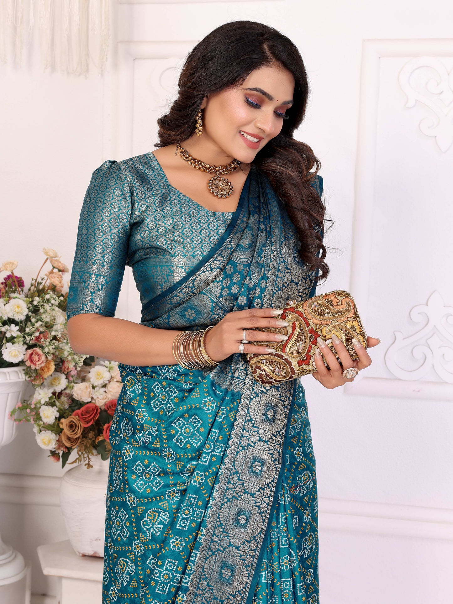 Sky Blue Samshira Soft Satin Silk Bandhej Print Saree With Zari Border Design And Having Rich Pallu