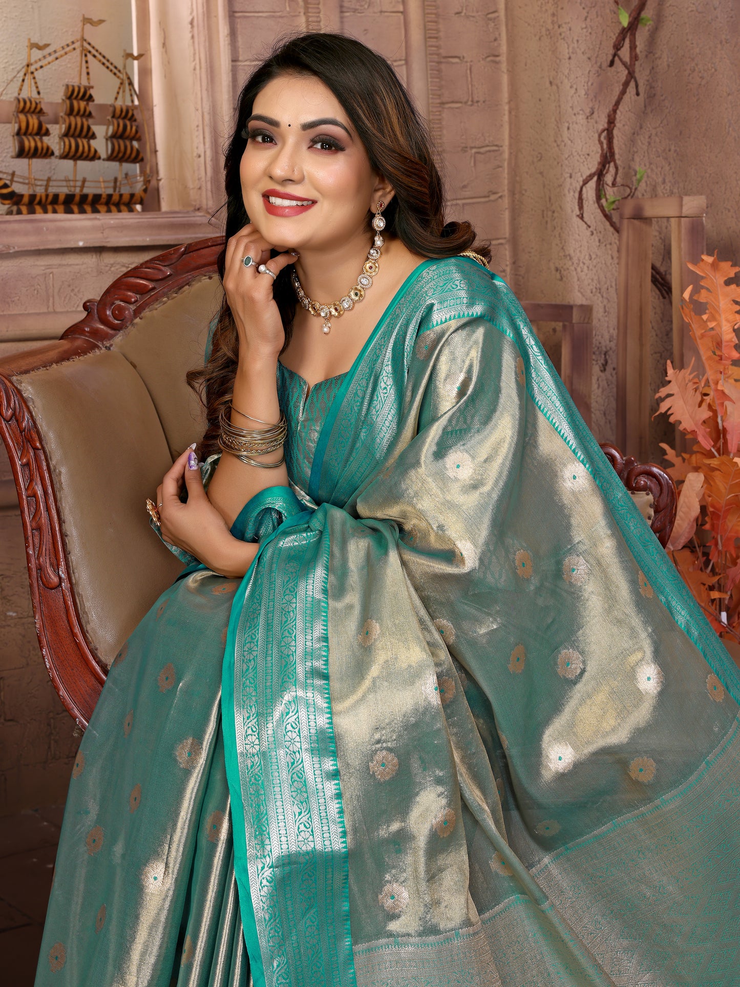 Rama Green Anita Handloom Tissue Silk Sarees with Zari Weaving Designs and Zari borders Rich Pallu