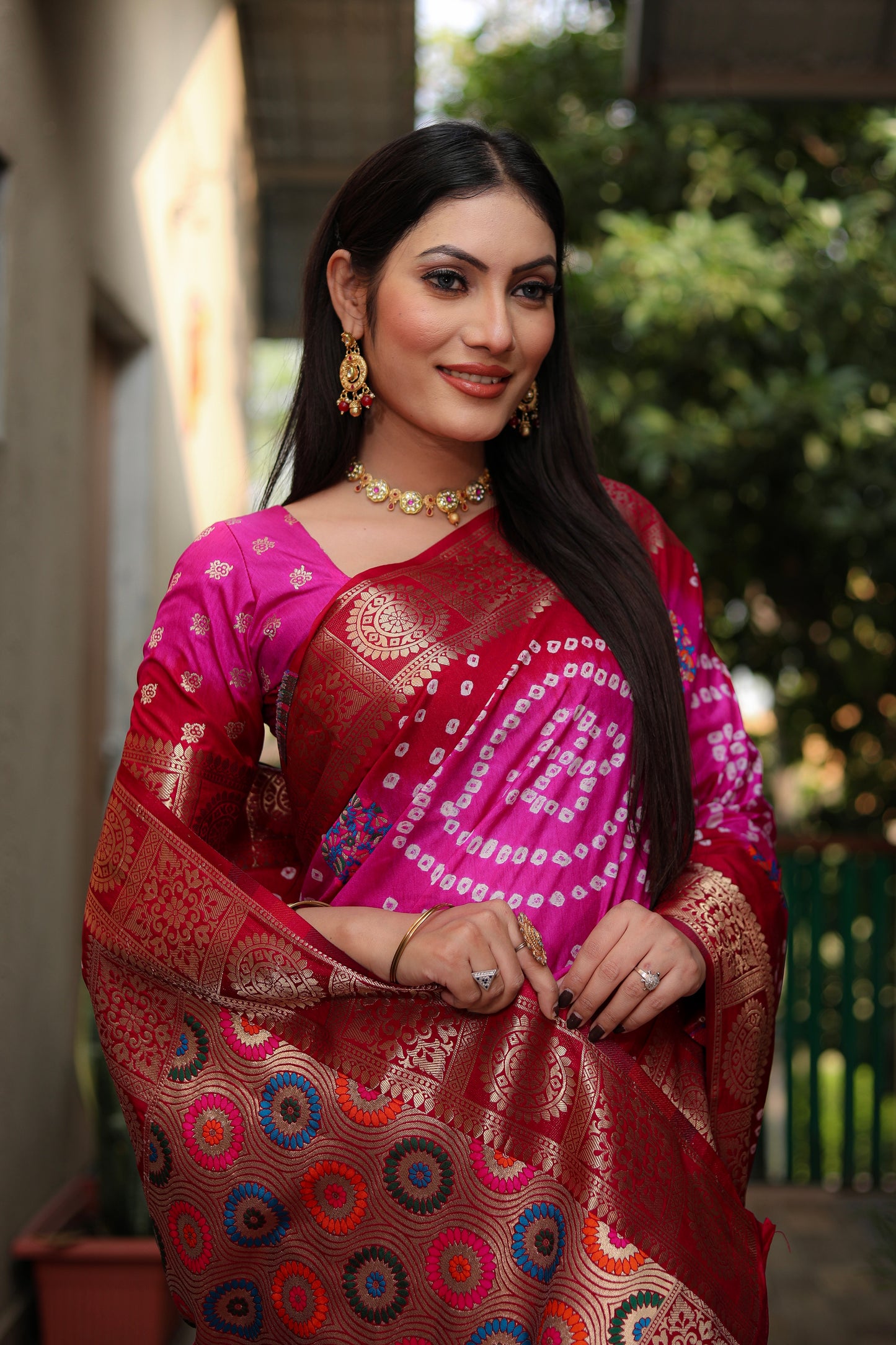 Dark Pink Ishani Pure Bandhej Silk Saree Minakari Weaving Butta With Zari