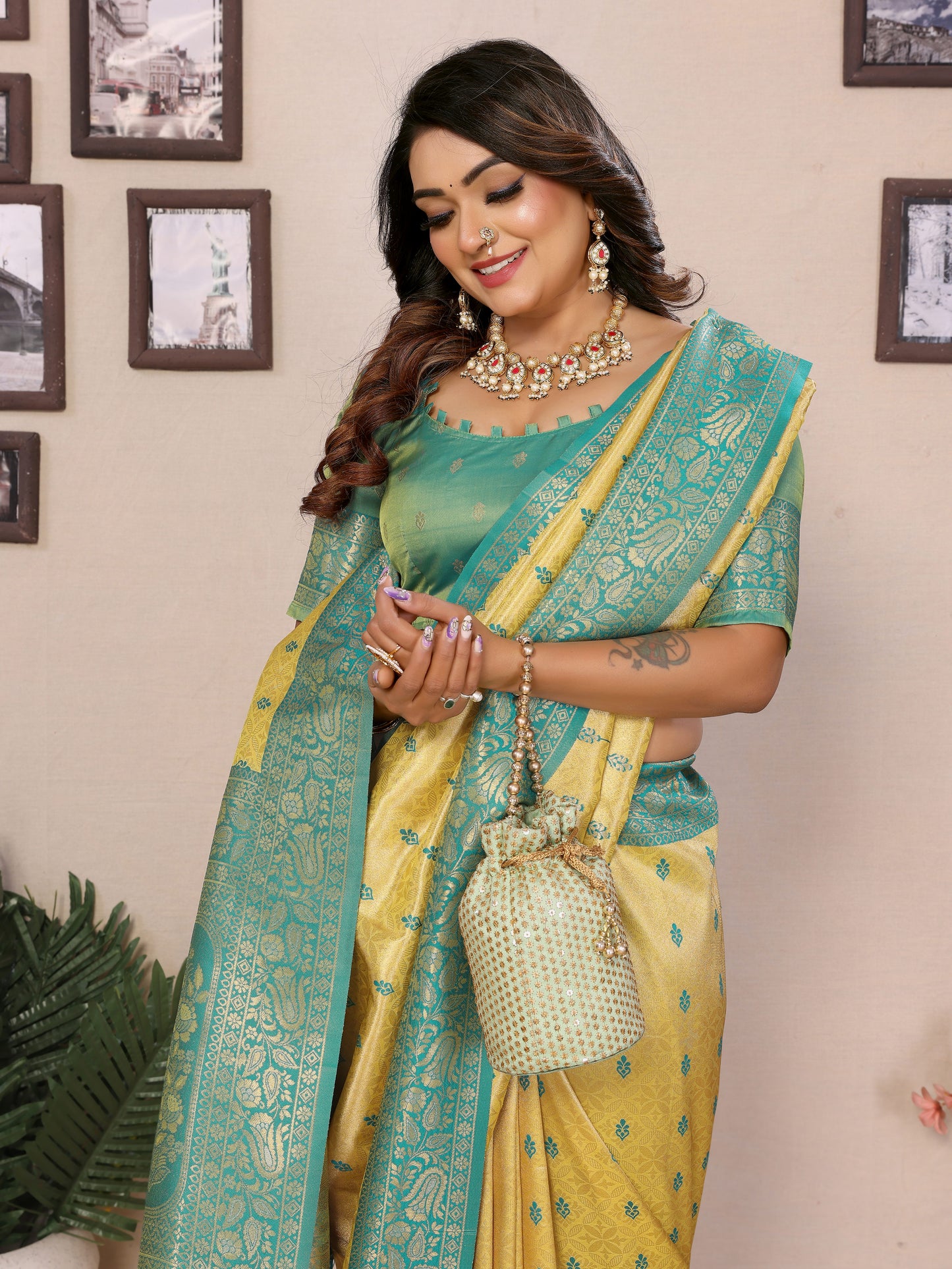Yellow Devika Handloom Tissue Silk Sarees with Zari Weaving and Contrast Zari woven borders