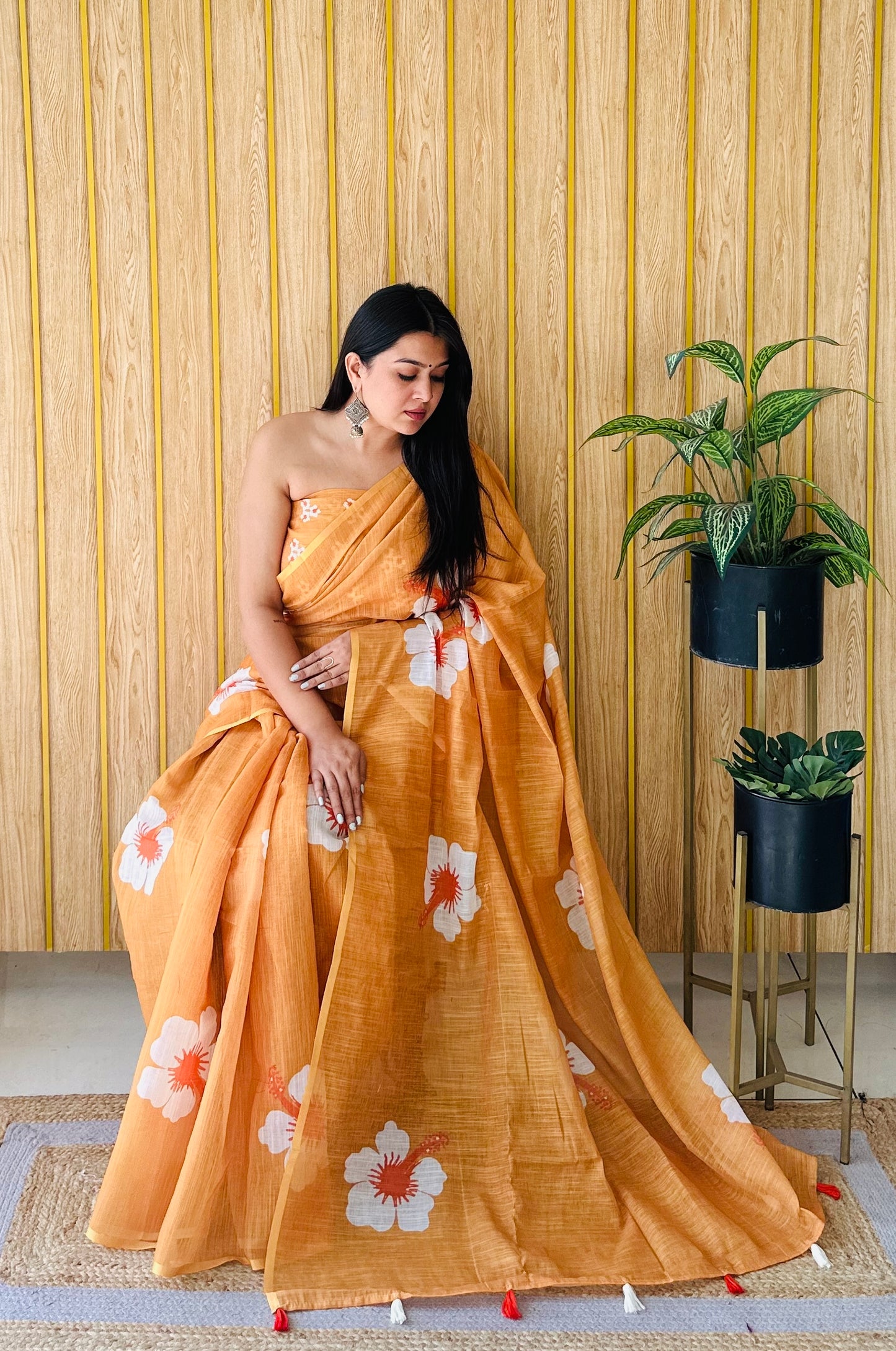 Yellow Champa-2 Soft Linen Cotton Digital Print Sarees With Flower Print & Printed Pallu