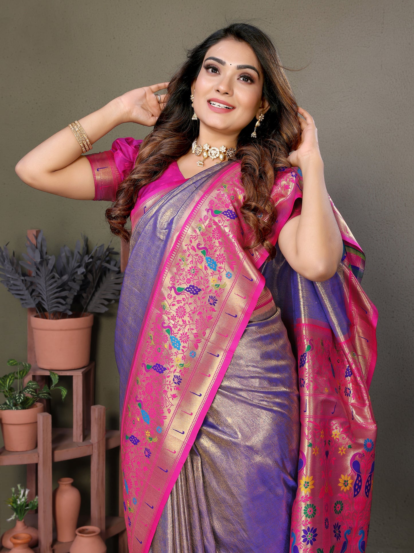 Purple Mrudangi Pure Banarasi Tissue silk sarees contrast Paithani woven border classic pallu