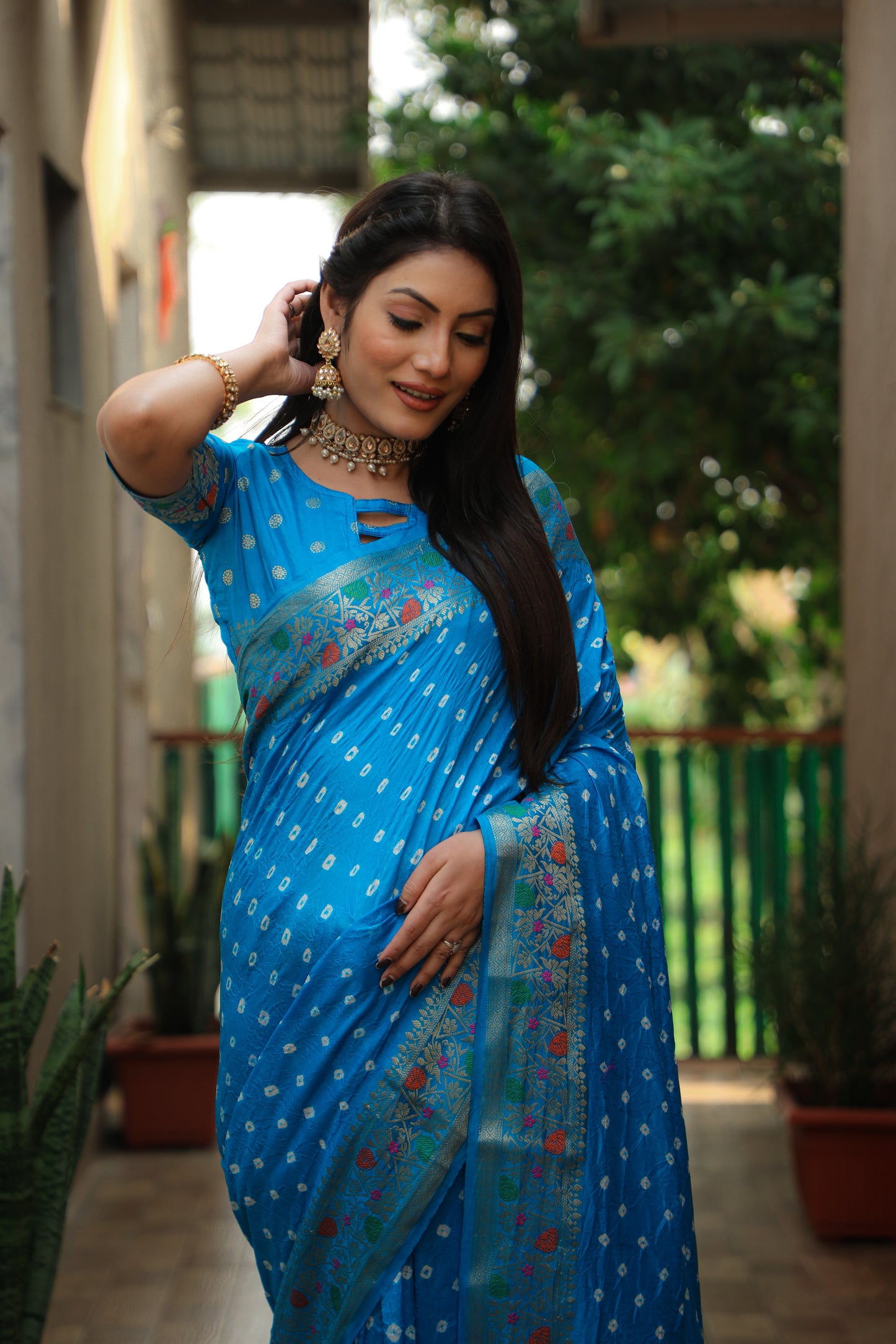 Sky Blue Nazakat Pure Bandhej Silk Saree With Patola Border Zari Weaving Paithani And Paithani Rich Pallu