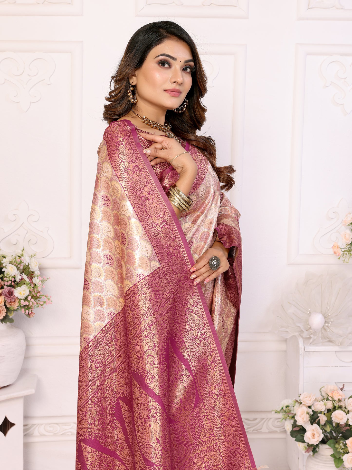 Beige Chaturi-1 Banarasi Chaturi silk saree Jari weaving Border and Weaving rich pallu