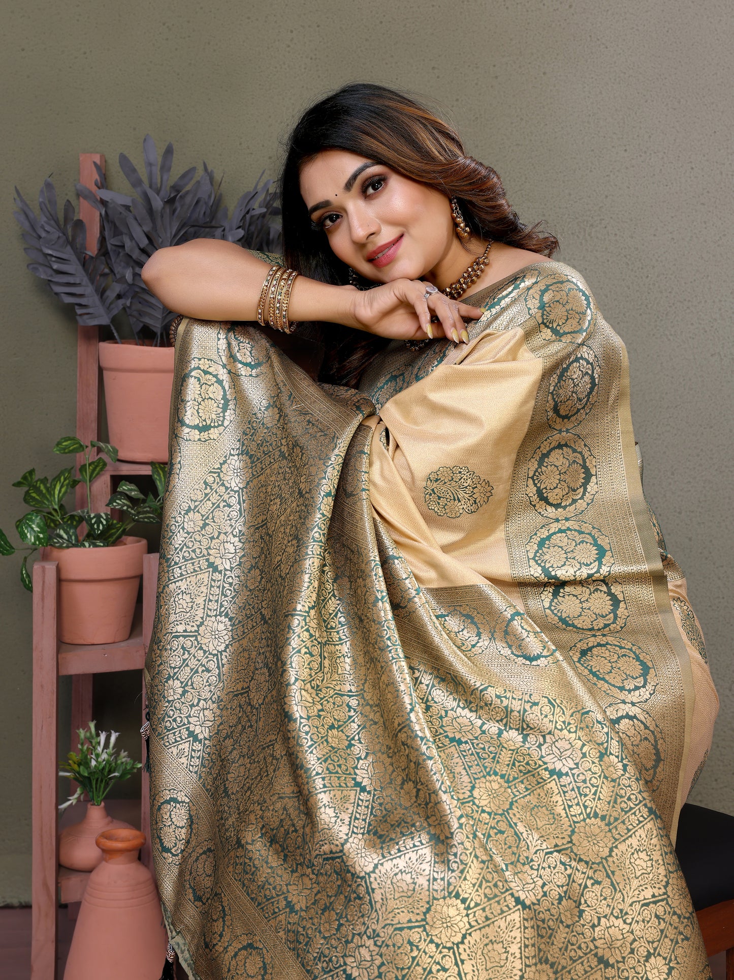 Beige Jugani Viscose Silky Sarees And weaving Butties with contrast border, Rich pallu