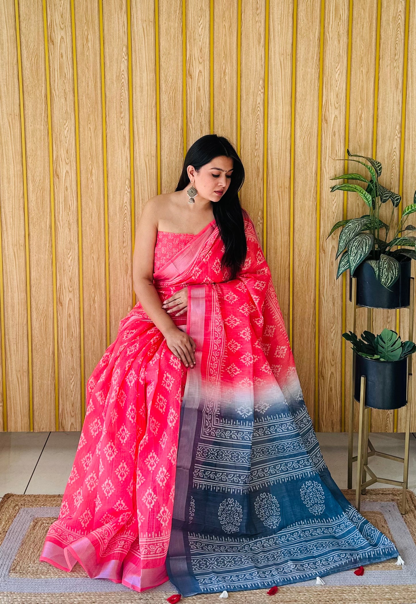 Red Khushboo Soft Linen Cotton Digital Print Sarees With Batik Print With Silver Border