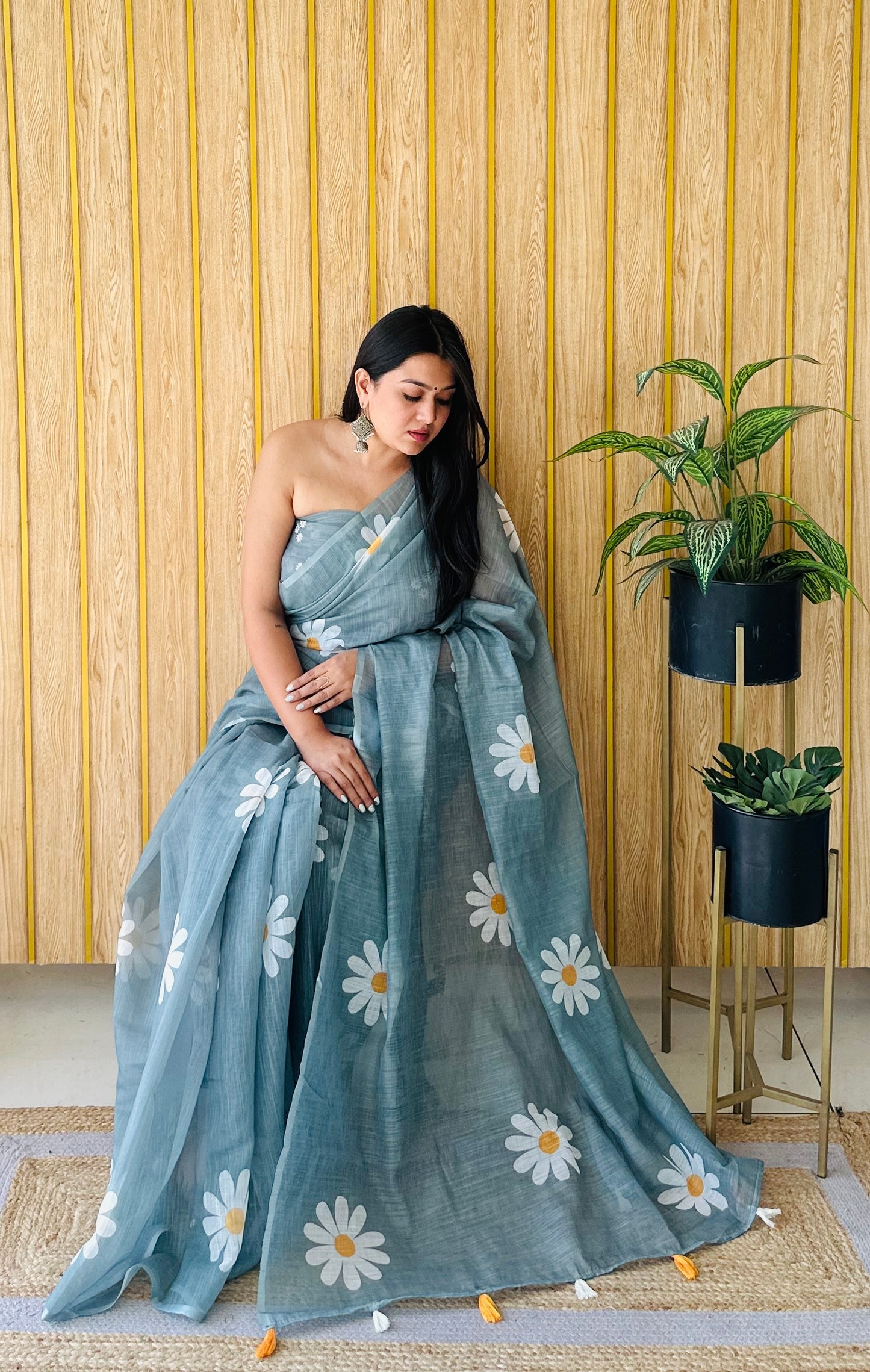 Stone Champa-1 Soft Linen Cotton Digital Print Sarees With Flower Print & Printed Pallu