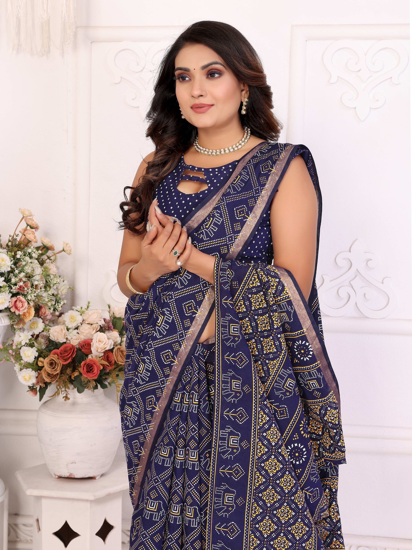Navy Blue Ambika Pure Patola And Bandhej Pattern Soft Cotton Light Weight Saree