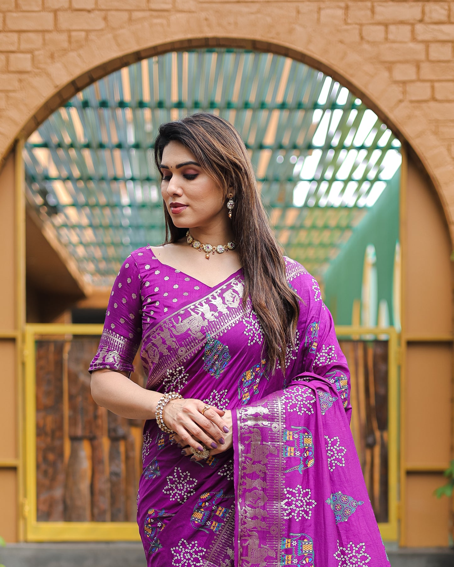 Purple Mastani Soft Dola Silk Bandhej Print Sarees With Kanchi Weaving Border And Allover Zari Border
