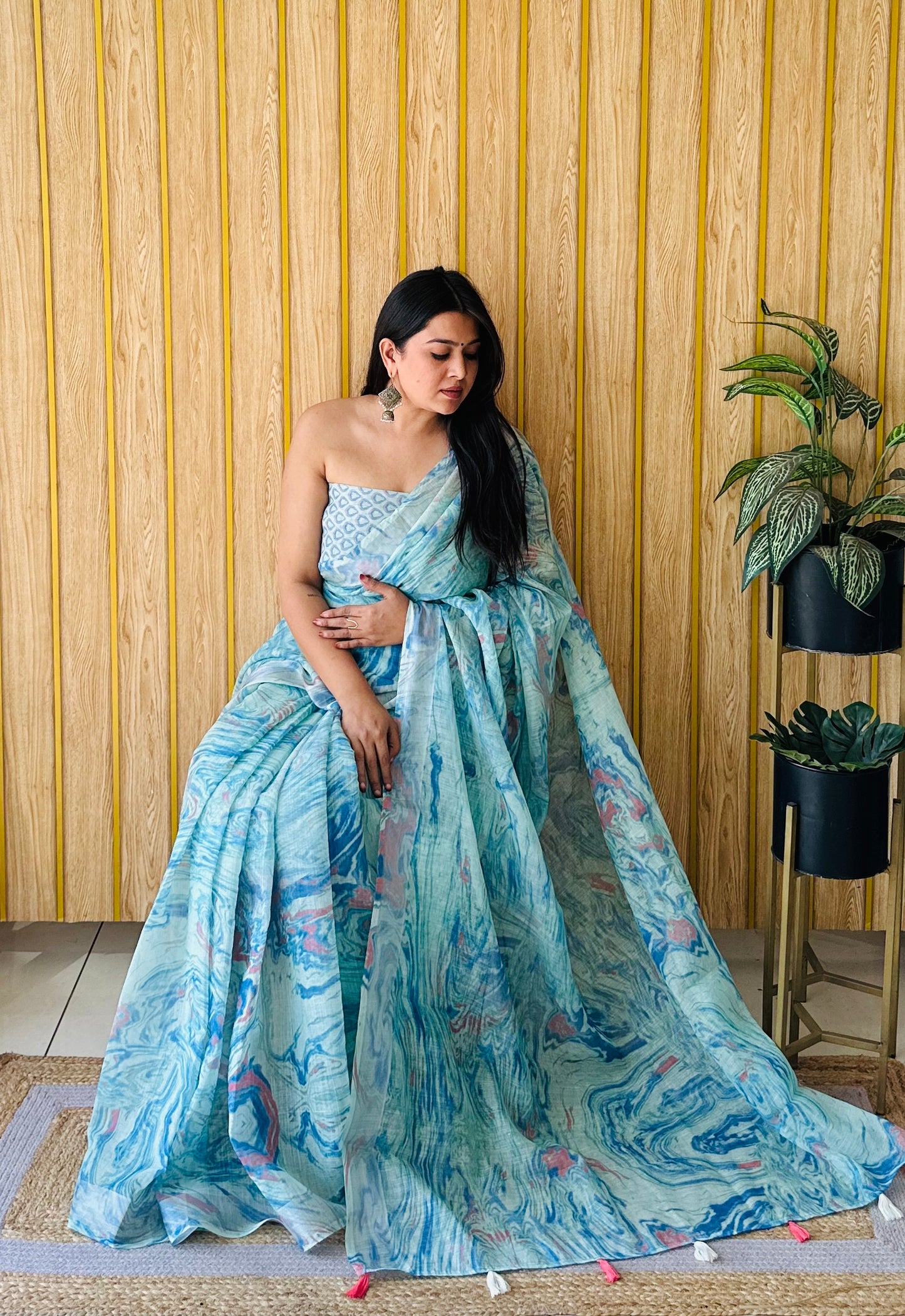Sky Blue Aashvi Soft Linen Cotton Digital Print Sarees With Batik Print With Silver Border
