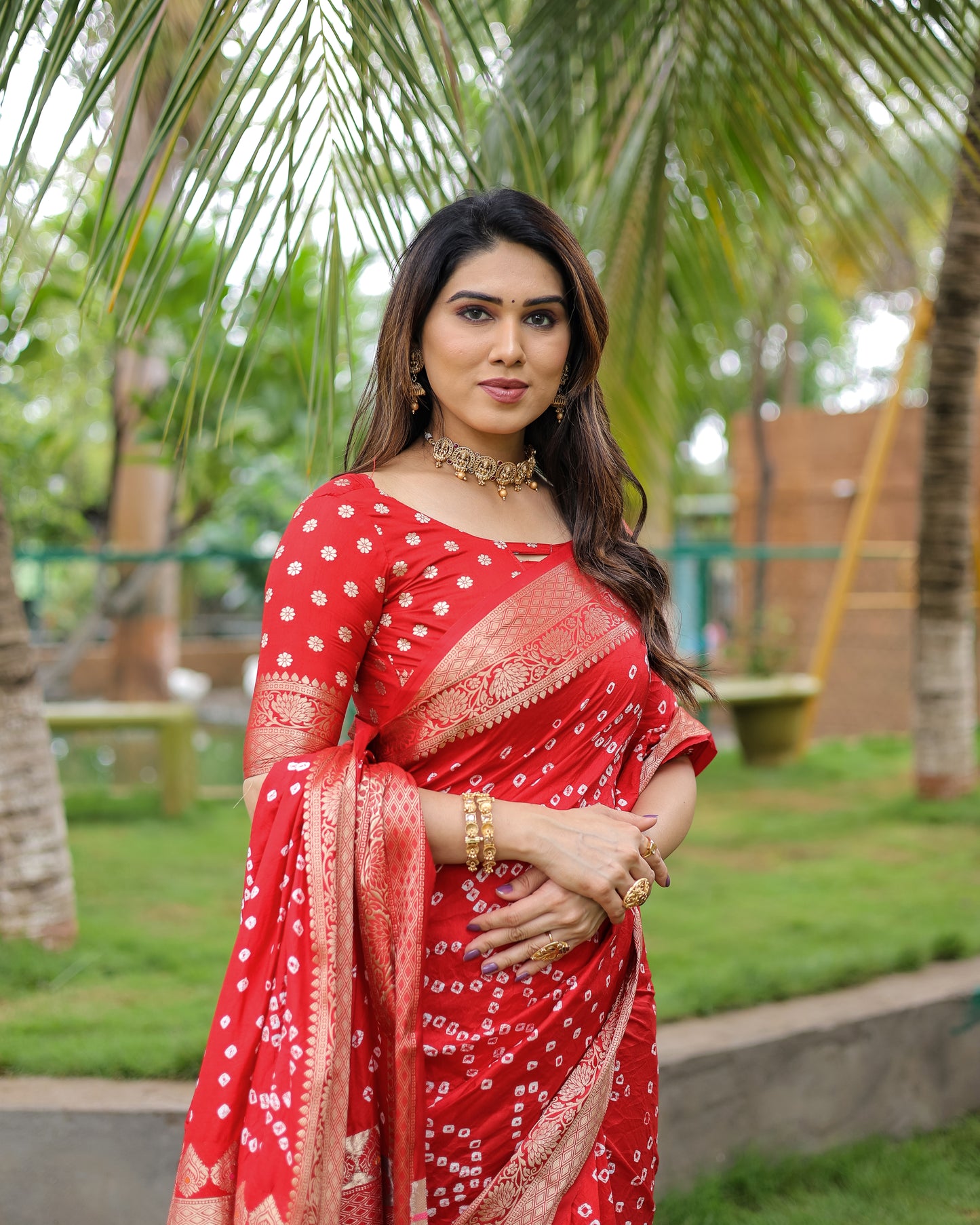 Red Padmavati Dola Soft Silk Bandhej Saree With All Over Handmade Bandhej With Jari Weaving Border