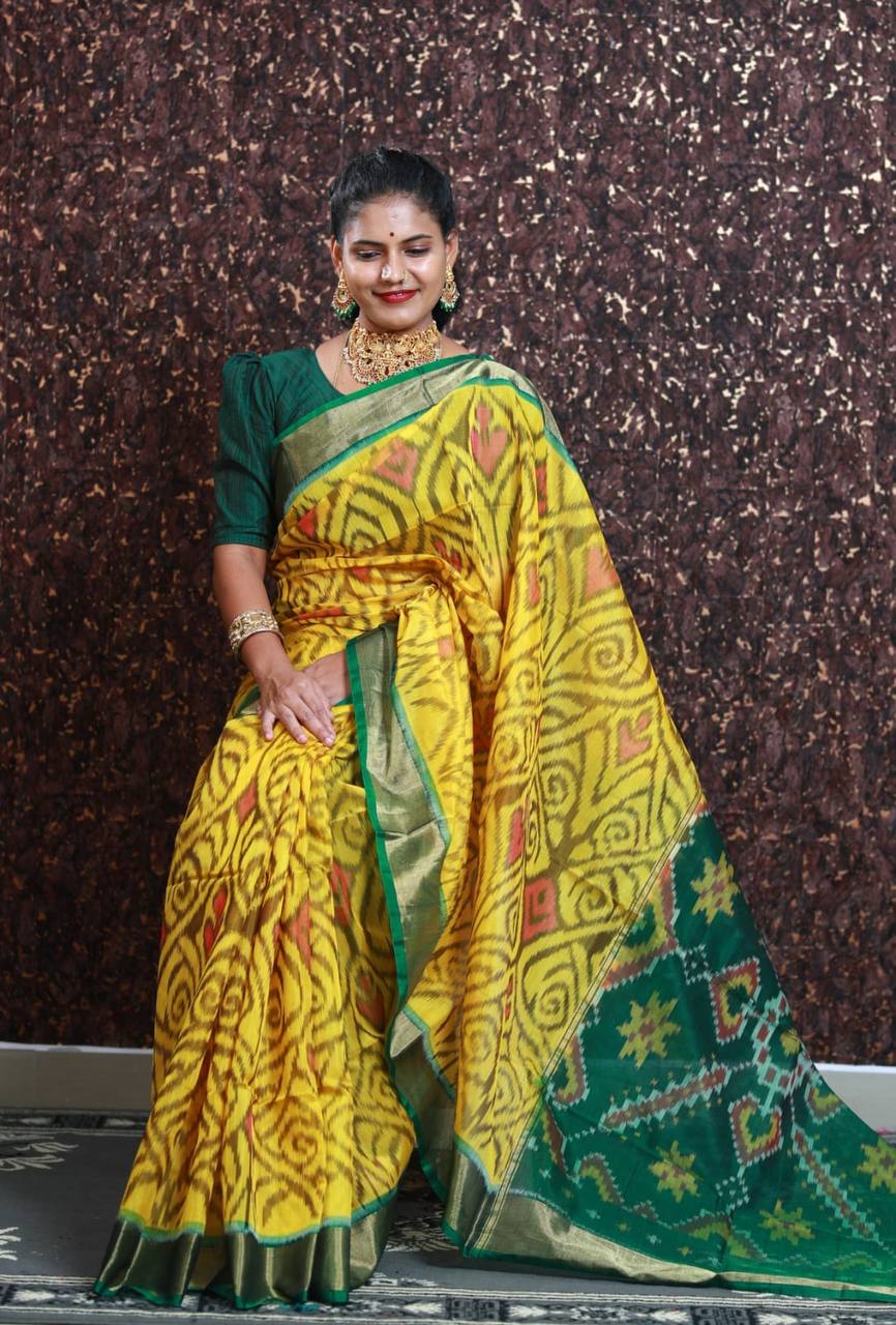 Yellow Pramila Patola Digital Print With Golden Weaving Border & Digital Printed Ikkat Design Pallu