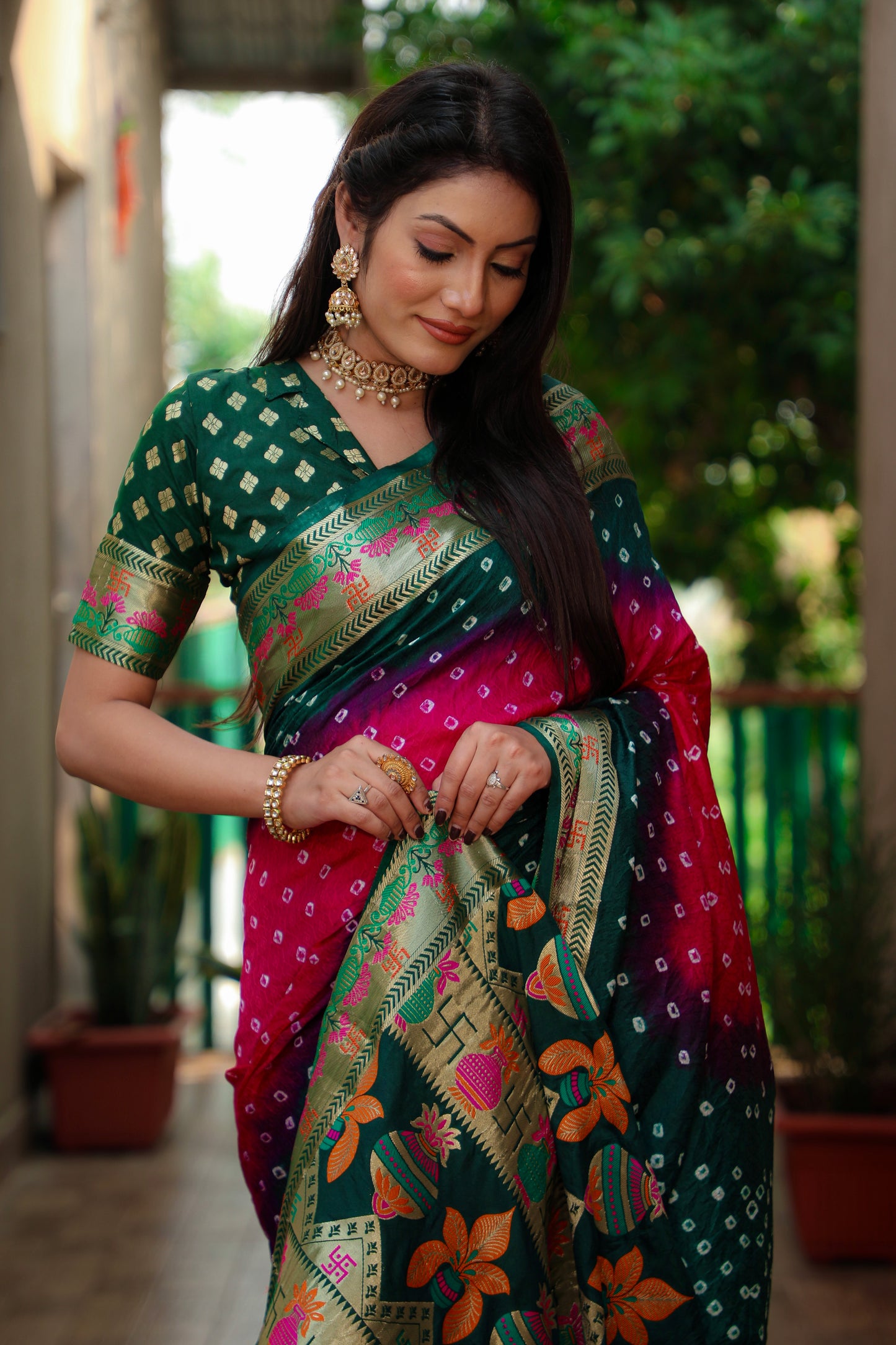 Pink Swastik Pure Bandhej Silk Saree With Minakari Border Kalash & Swastik Design Rich Pallu Saree