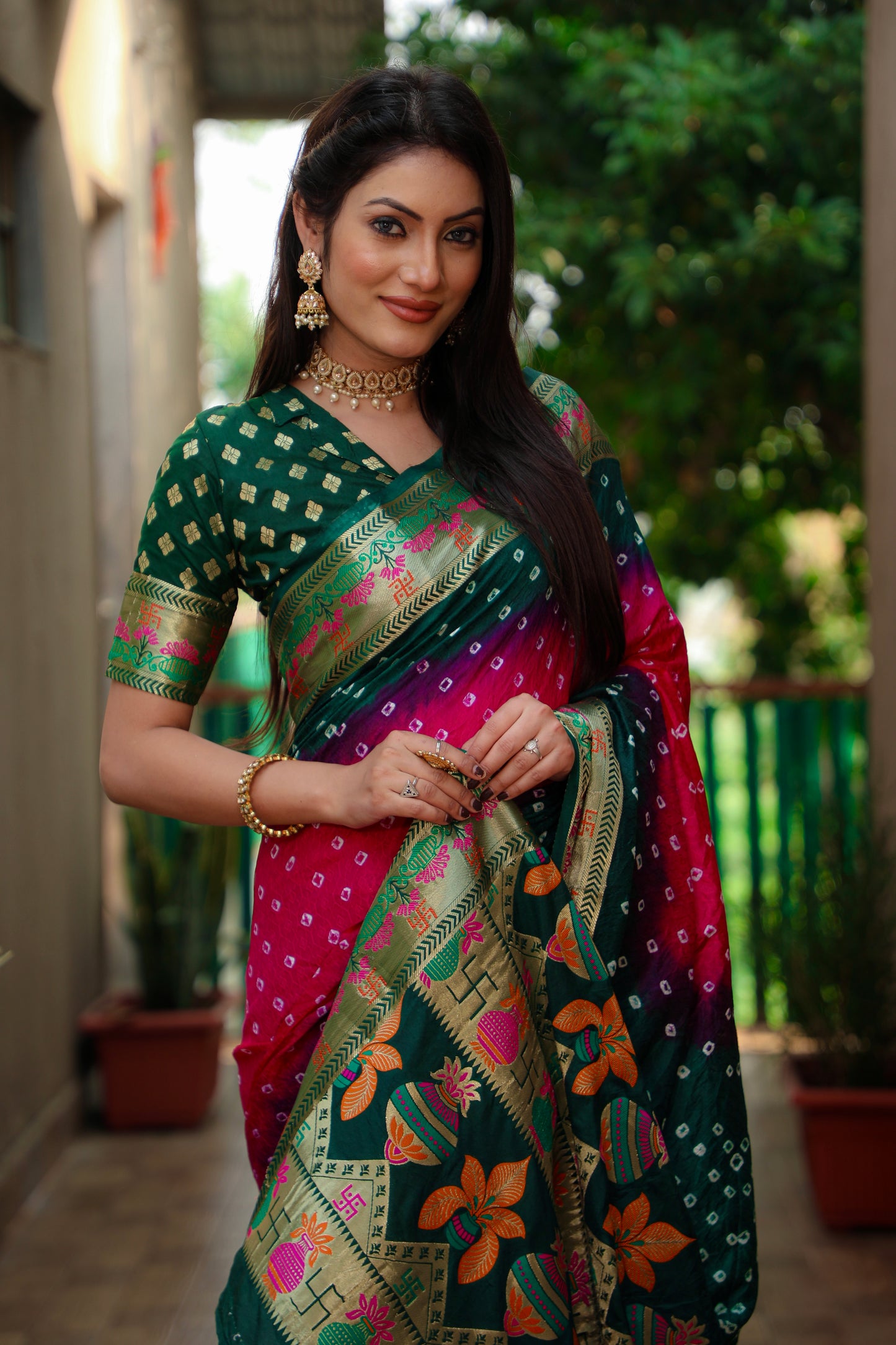 Pink Swastik Pure Bandhej Silk Saree With Minakari Border Kalash & Swastik Design Rich Pallu Saree