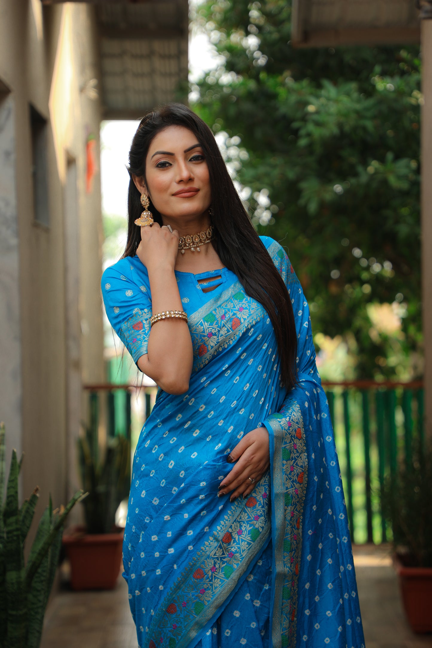 Sky Blue Nazakat Pure Bandhej Silk Saree With Patola Border Zari Weaving Paithani And Paithani Rich Pallu