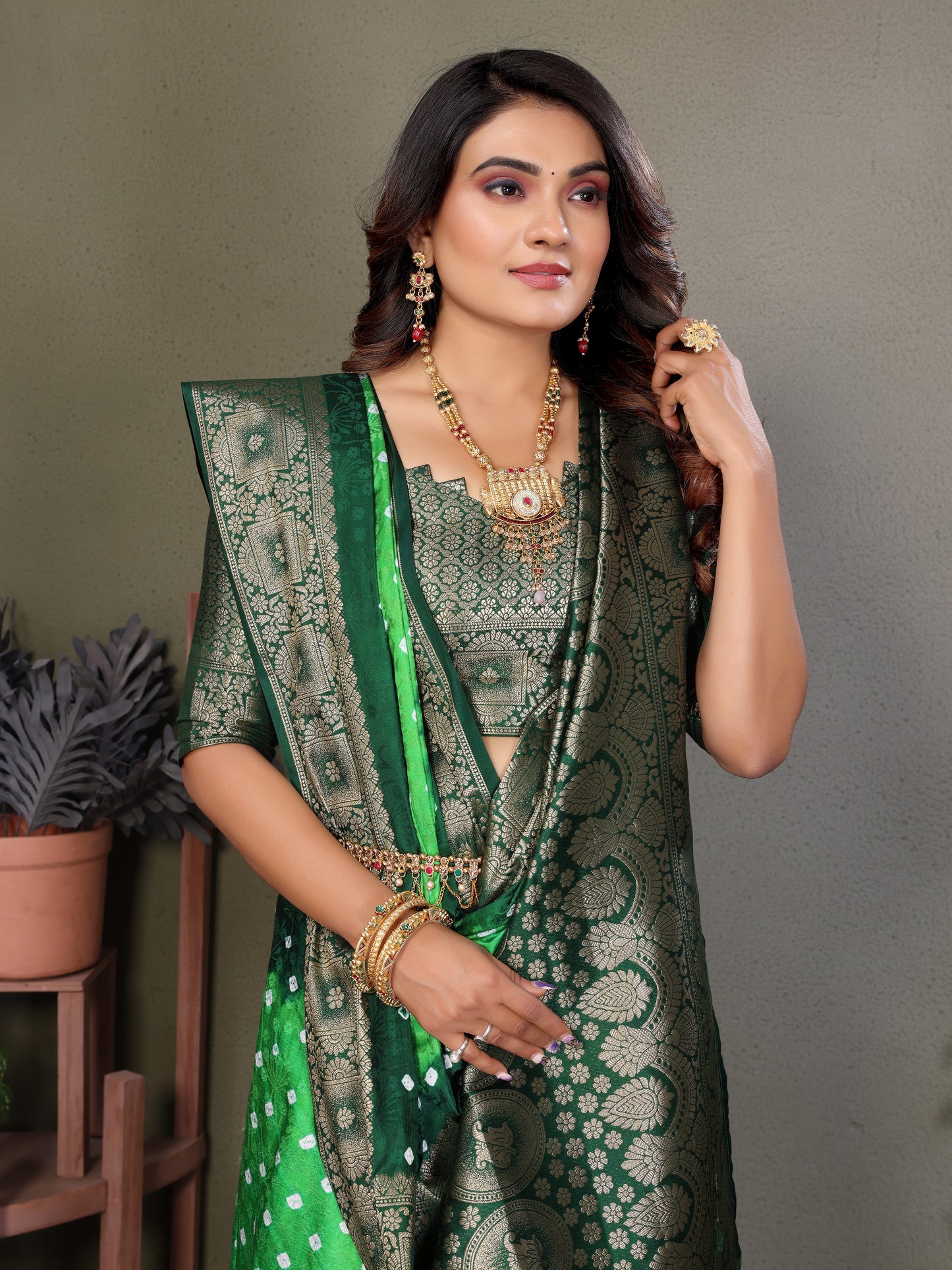 Light Green Satyavati Bandhej Satin Silk Saree Made By Original Bandhej With Zari Weaving Border