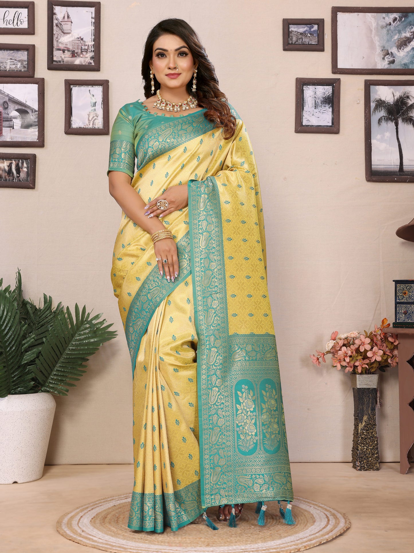 Yellow Devika Handloom Tissue Silk Sarees with Zari Weaving and Contrast Zari woven borders