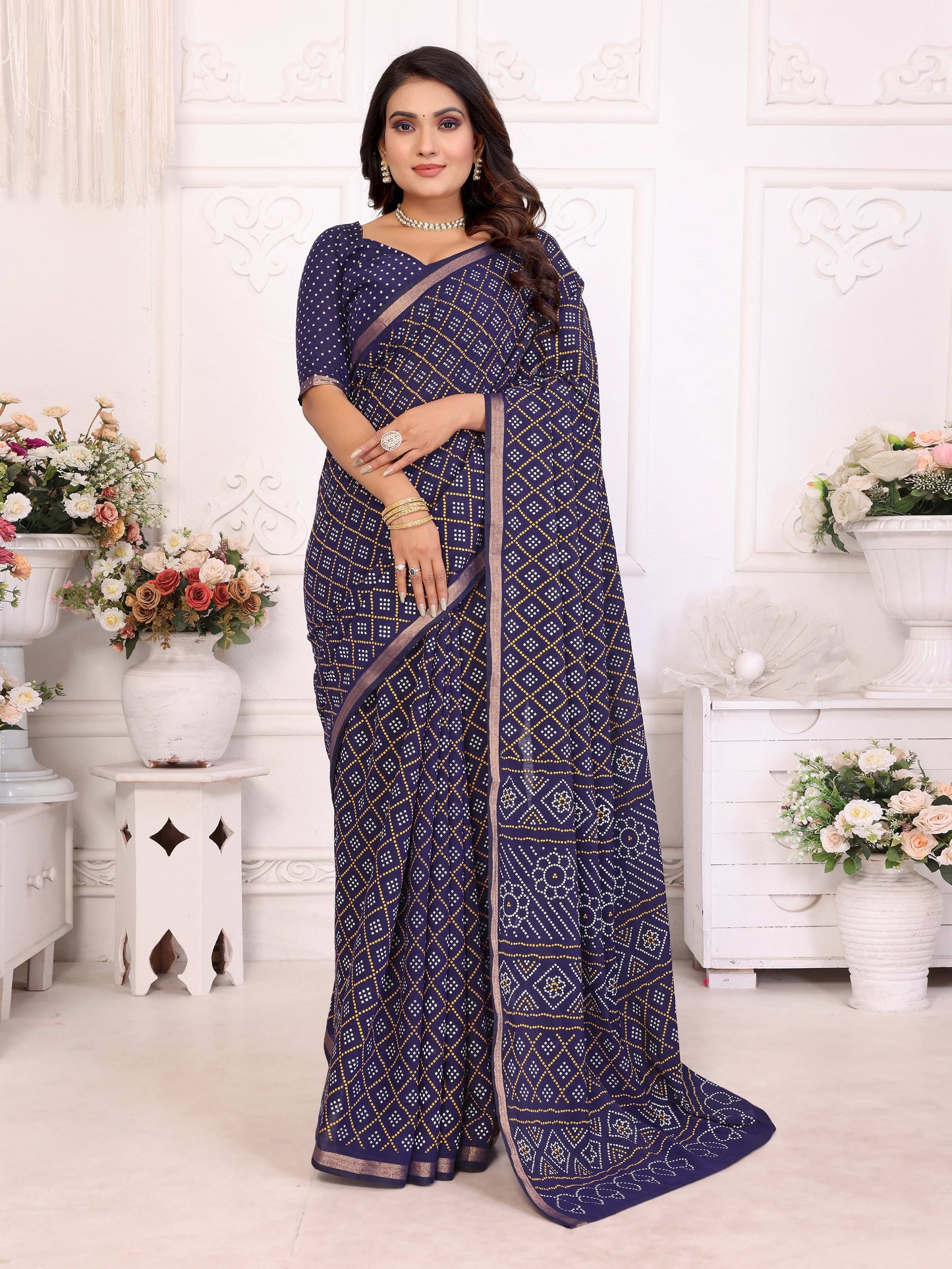 Navy blue Amba Pure Patola And Bandhej Pattern Soft Cotton Light Weight Saree