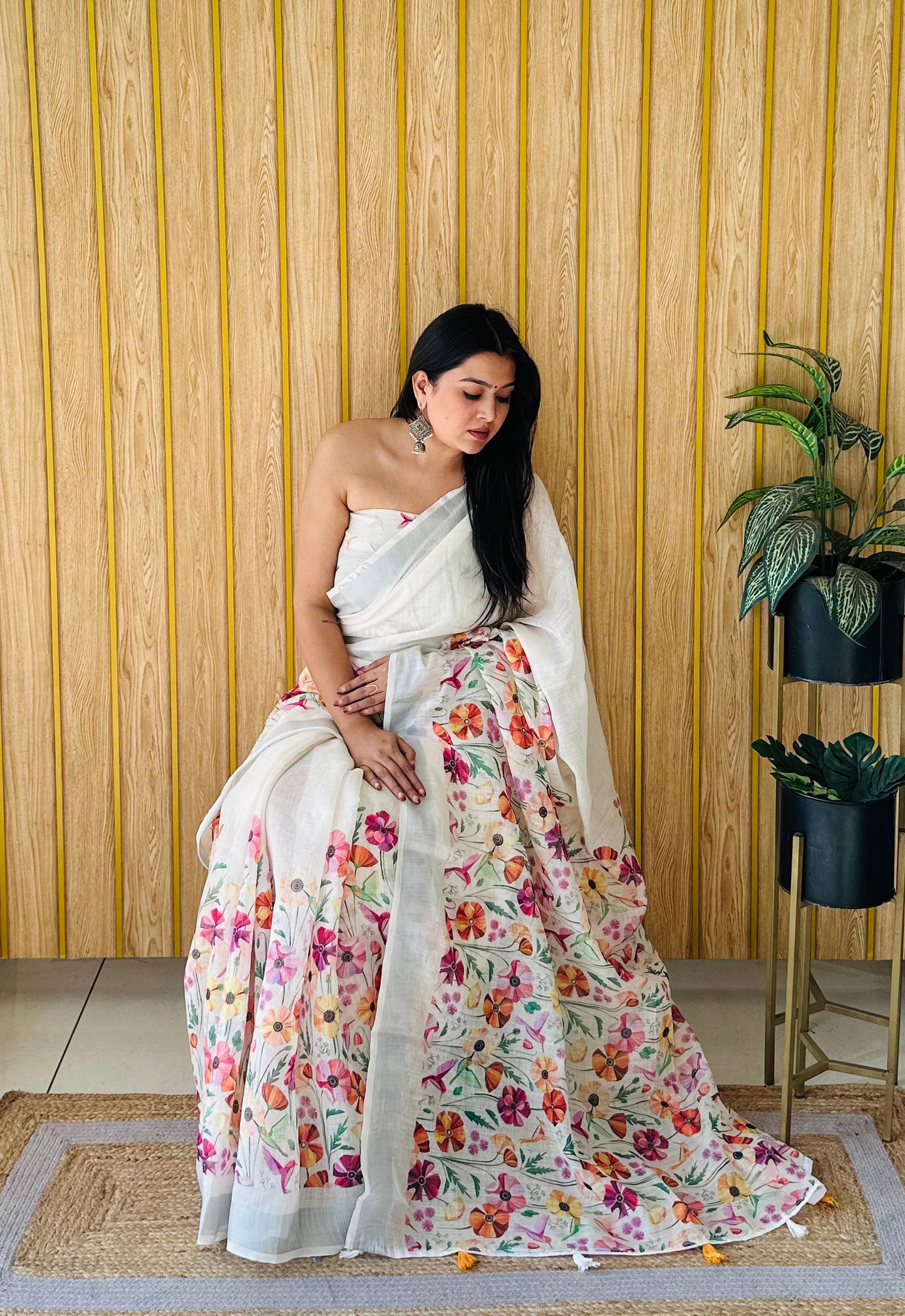 Pista Mayuri Soft Linen Cotton Digital Print Saree With Batik Print With Silver Border