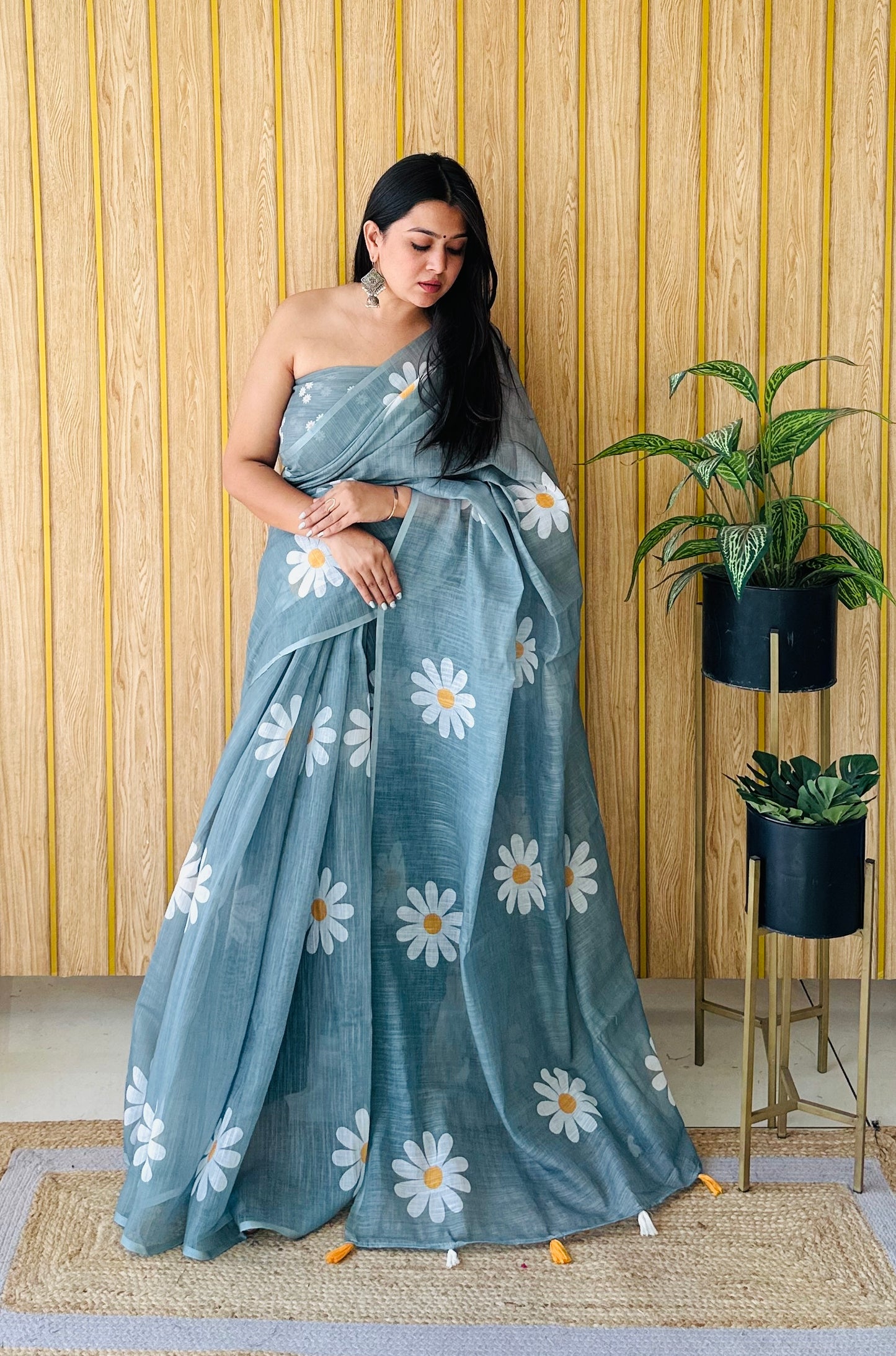 Stone Champa-1 Soft Linen Cotton Digital Print Sarees With Flower Print & Printed Pallu