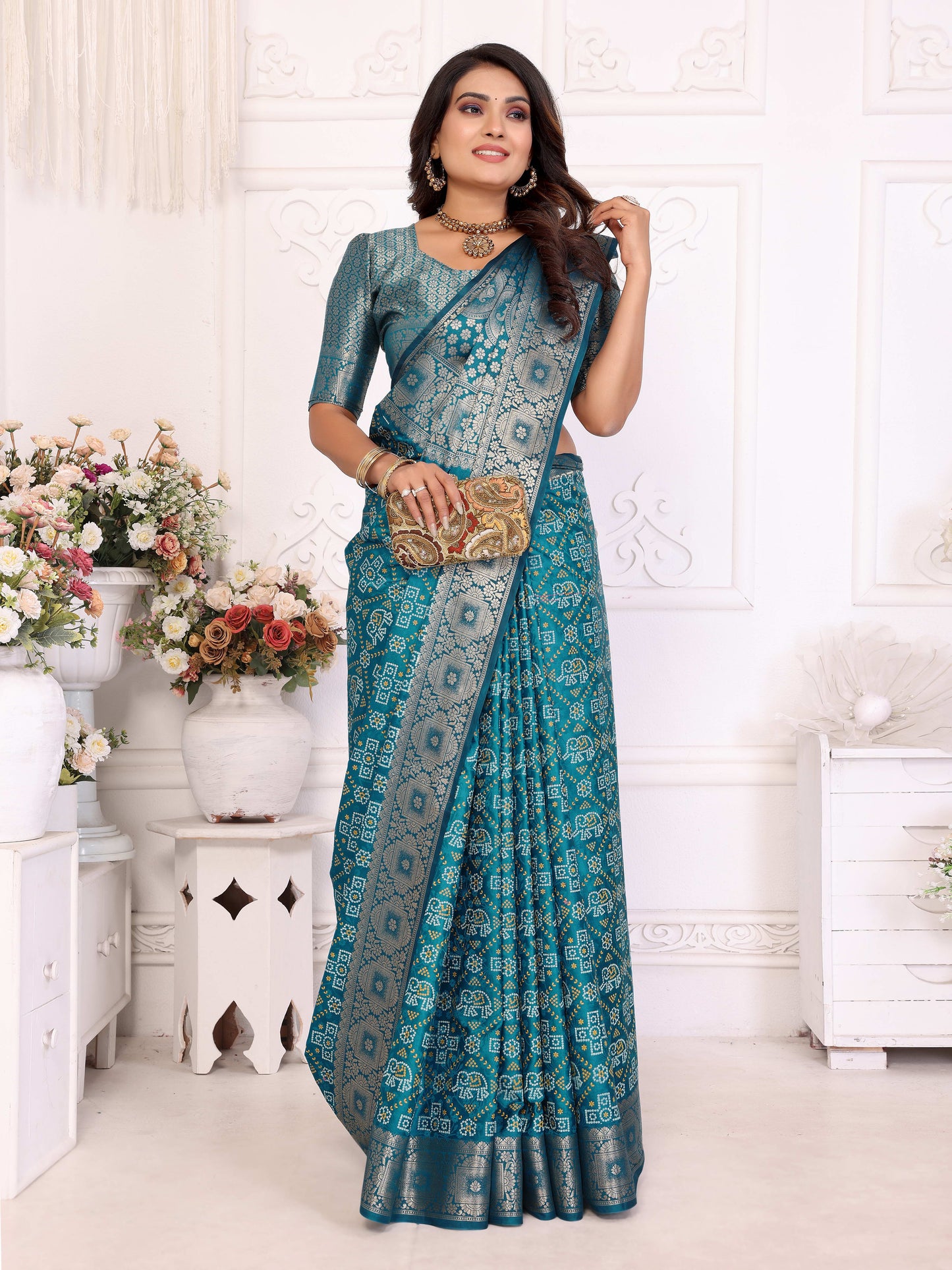 Sky Blue Samshira Soft Satin Silk Bandhej Print Saree With Zari Border Design And Having Rich Pallu
