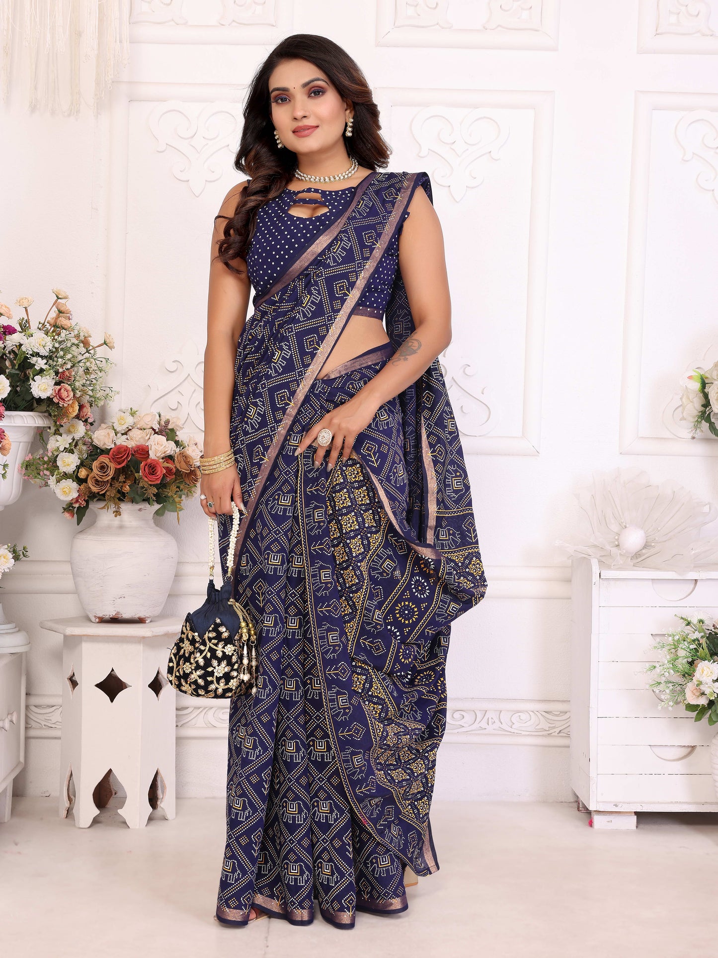 Navy Blue Ambika Pure Patola And Bandhej Pattern Soft Cotton Light Weight Saree