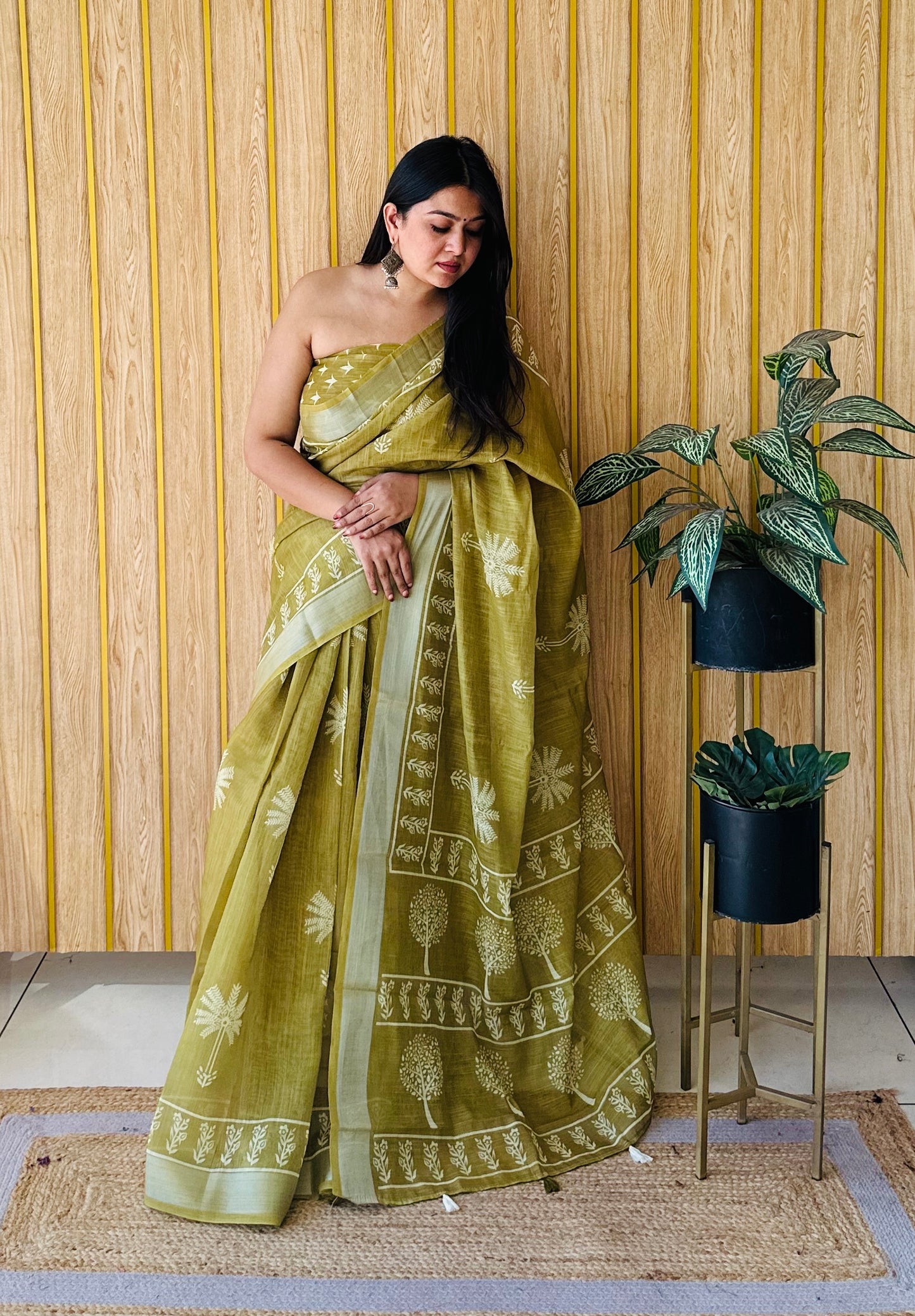 Lime Green Aarya-1 Soft Linen Cotton Digital Print Sarees With Batik Print With Silver Border