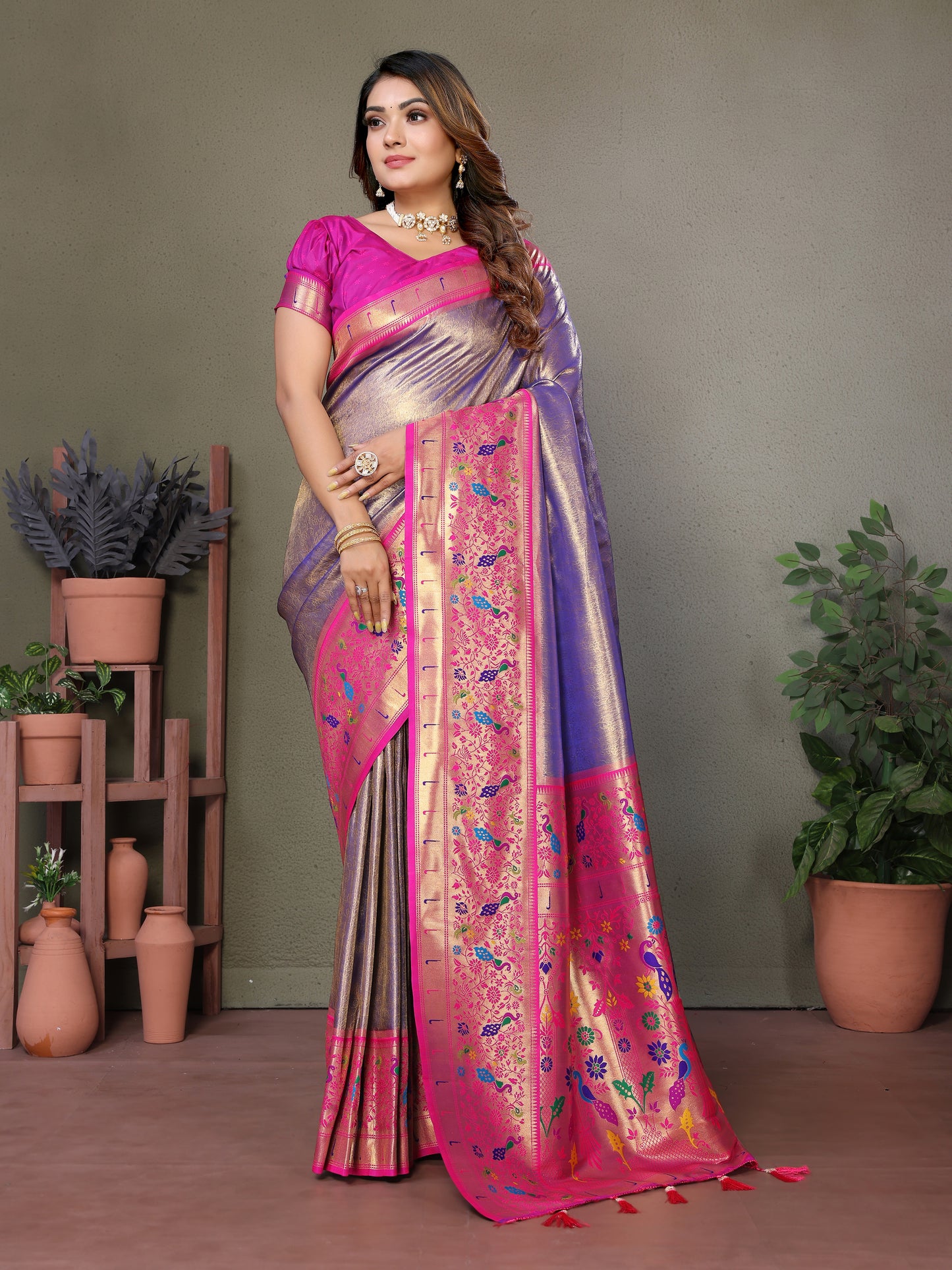 Purple Mrudangi Pure Banarasi Tissue silk sarees contrast Paithani woven border classic pallu