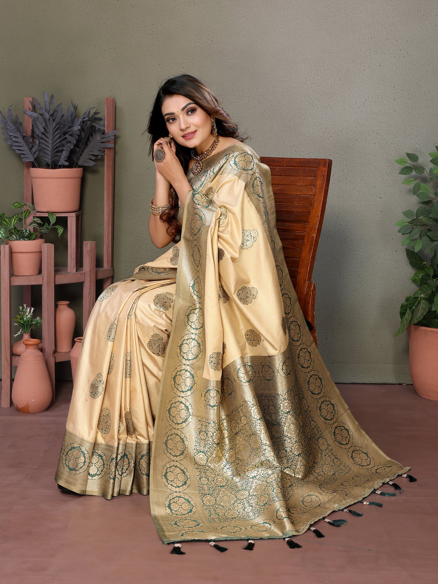 Beige Jugani Viscose Silky Sarees And weaving Butties with contrast border, Rich pallu