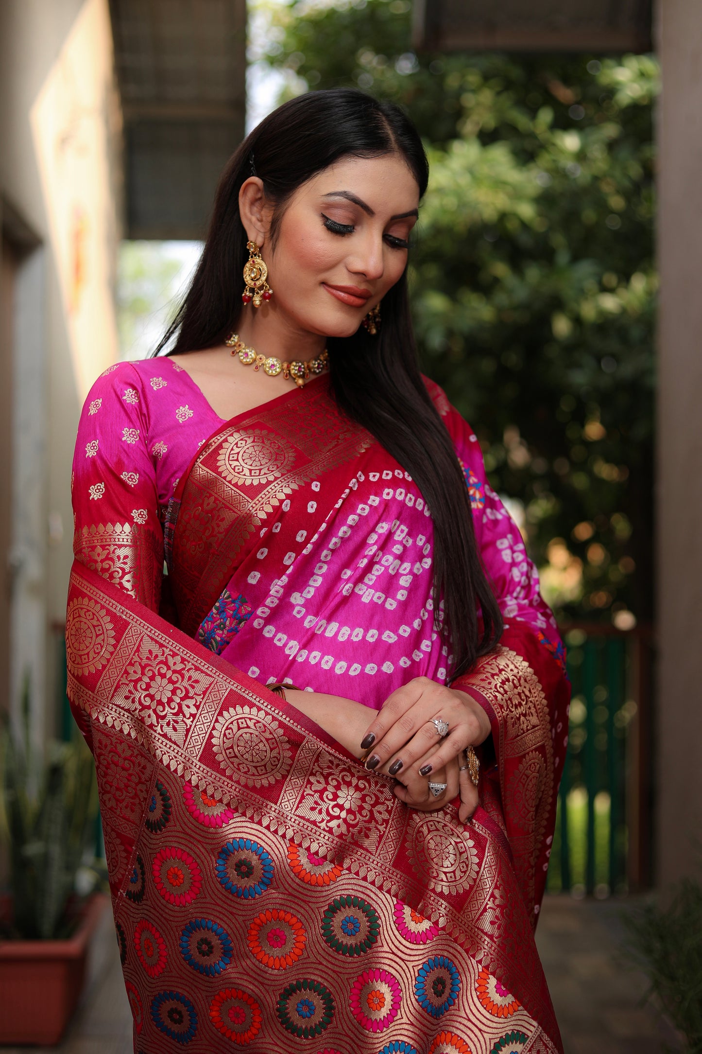 Dark Pink Ishani Pure Bandhej Silk Saree Minakari Weaving Butta With Zari