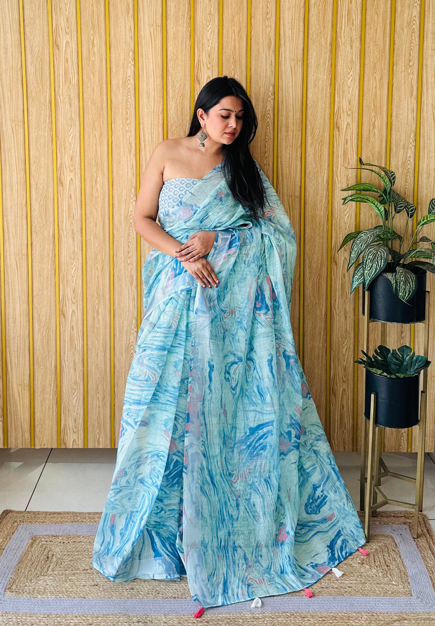 Sky Blue Aashvi Soft Linen Cotton Digital Print Sarees With Batik Print With Silver Border