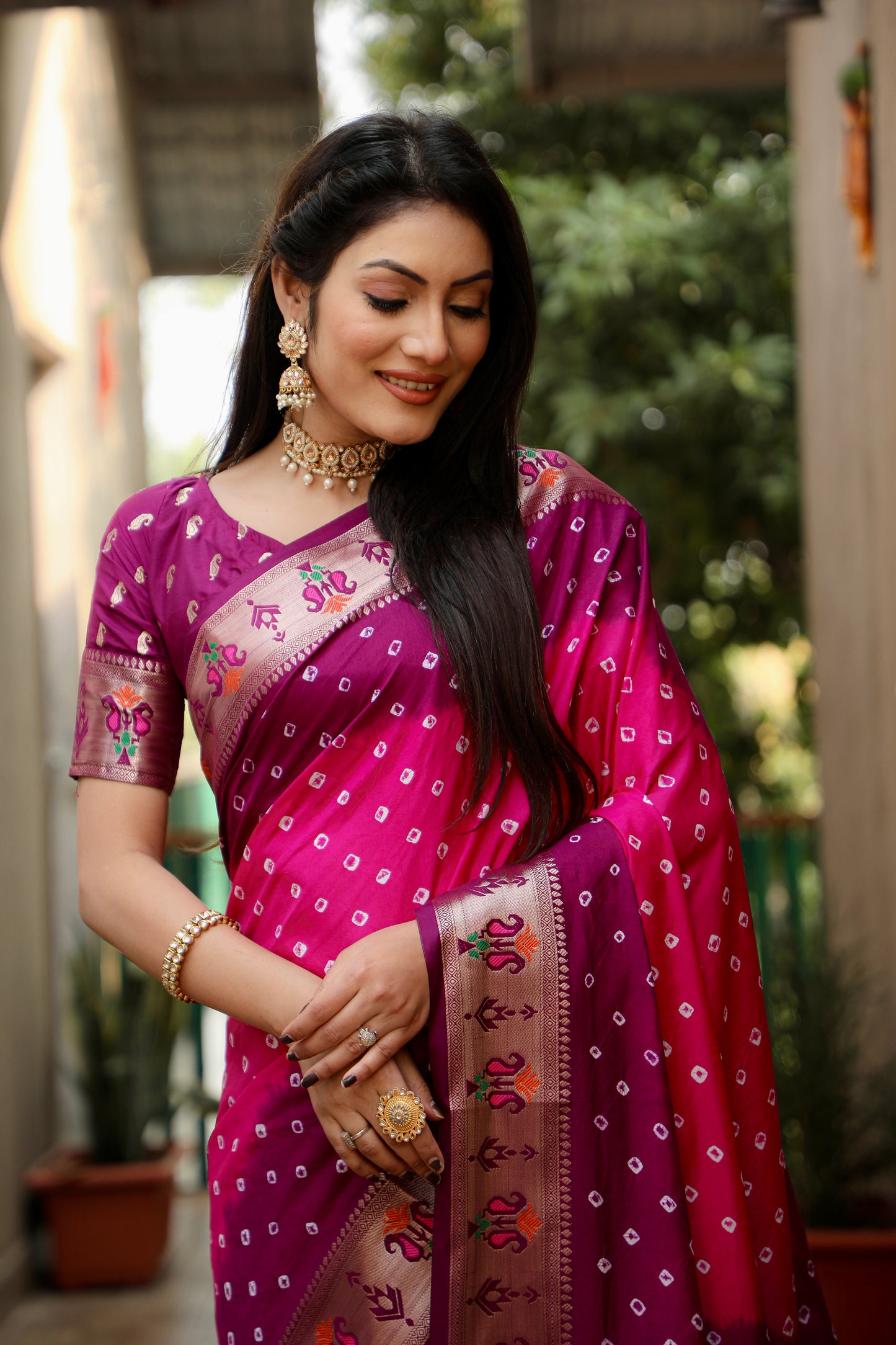 Pink Chandani Dola Soft Silk Bandhej Sarees Jari Paithani Weaving Border & Weaving Paithani Style Rich Pallu