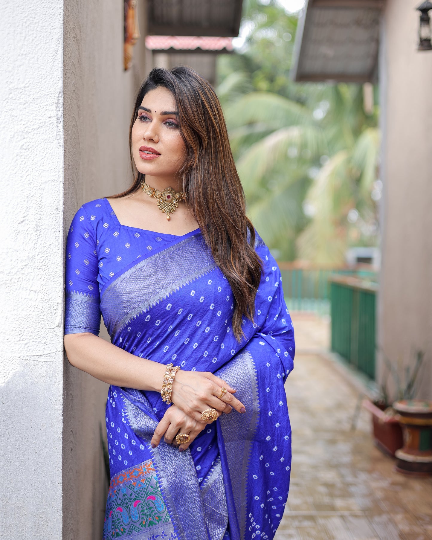 Blue Yashomati Dola Soft Silk Bandhej Sarees With Awesome Two Sides Jari Border & Paithani Style Rich Pallu