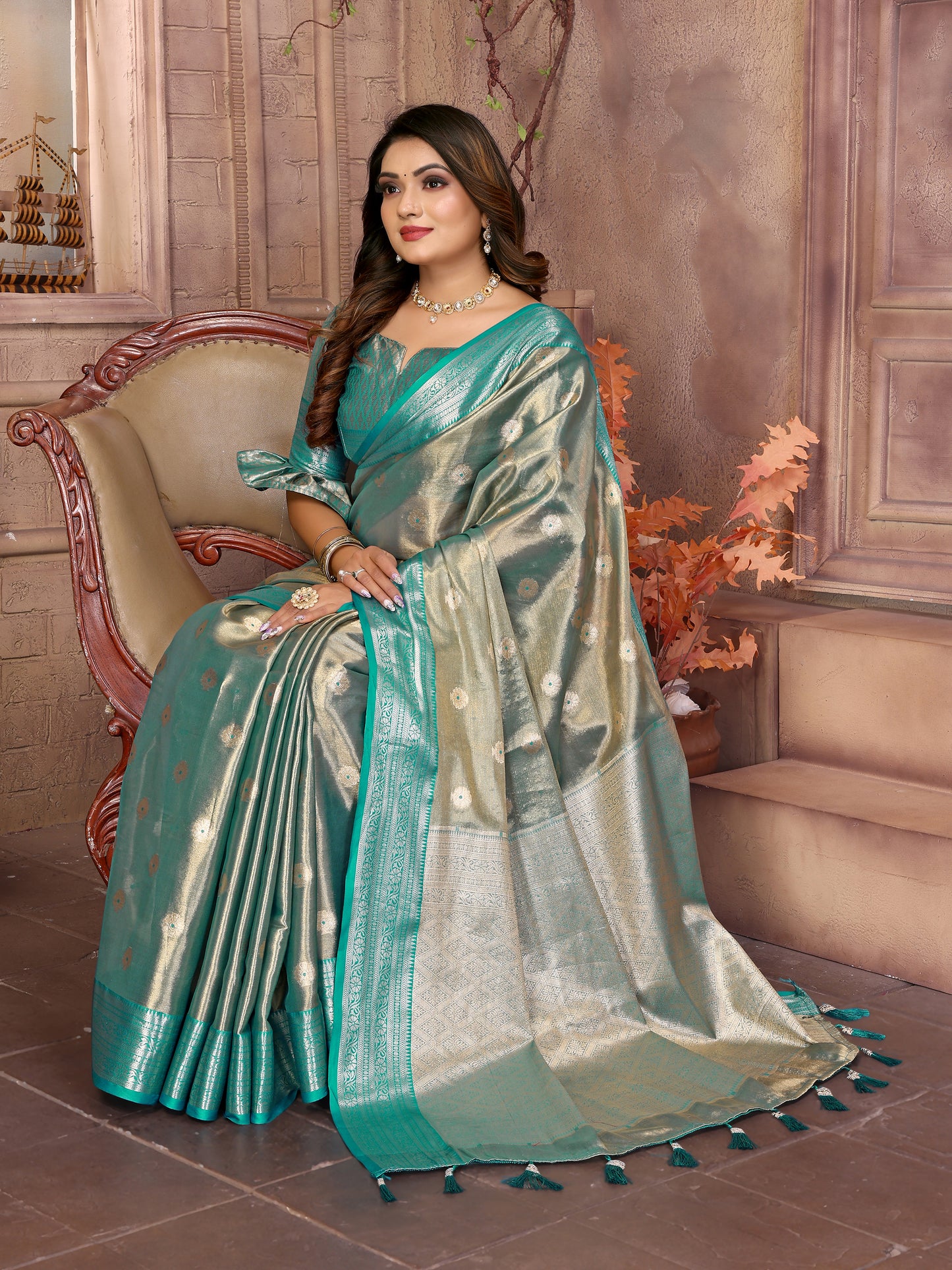 Rama Green Anita Handloom Tissue Silk Sarees with Zari Weaving Designs and Zari borders Rich Pallu