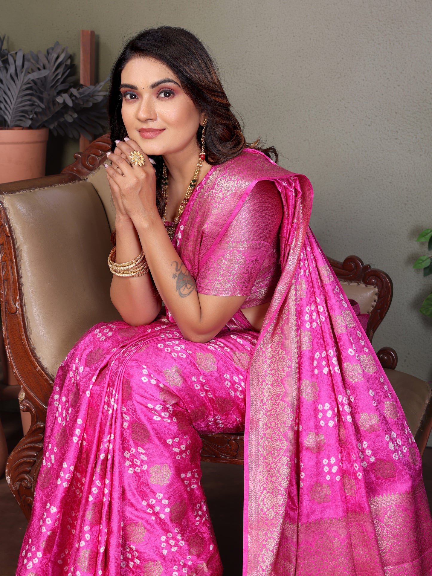 Pink Shakuntala Bandhej Silk Saree With Zari Weaving Butta & Zari Rich Pallu With Beautiful Design & Broad Border