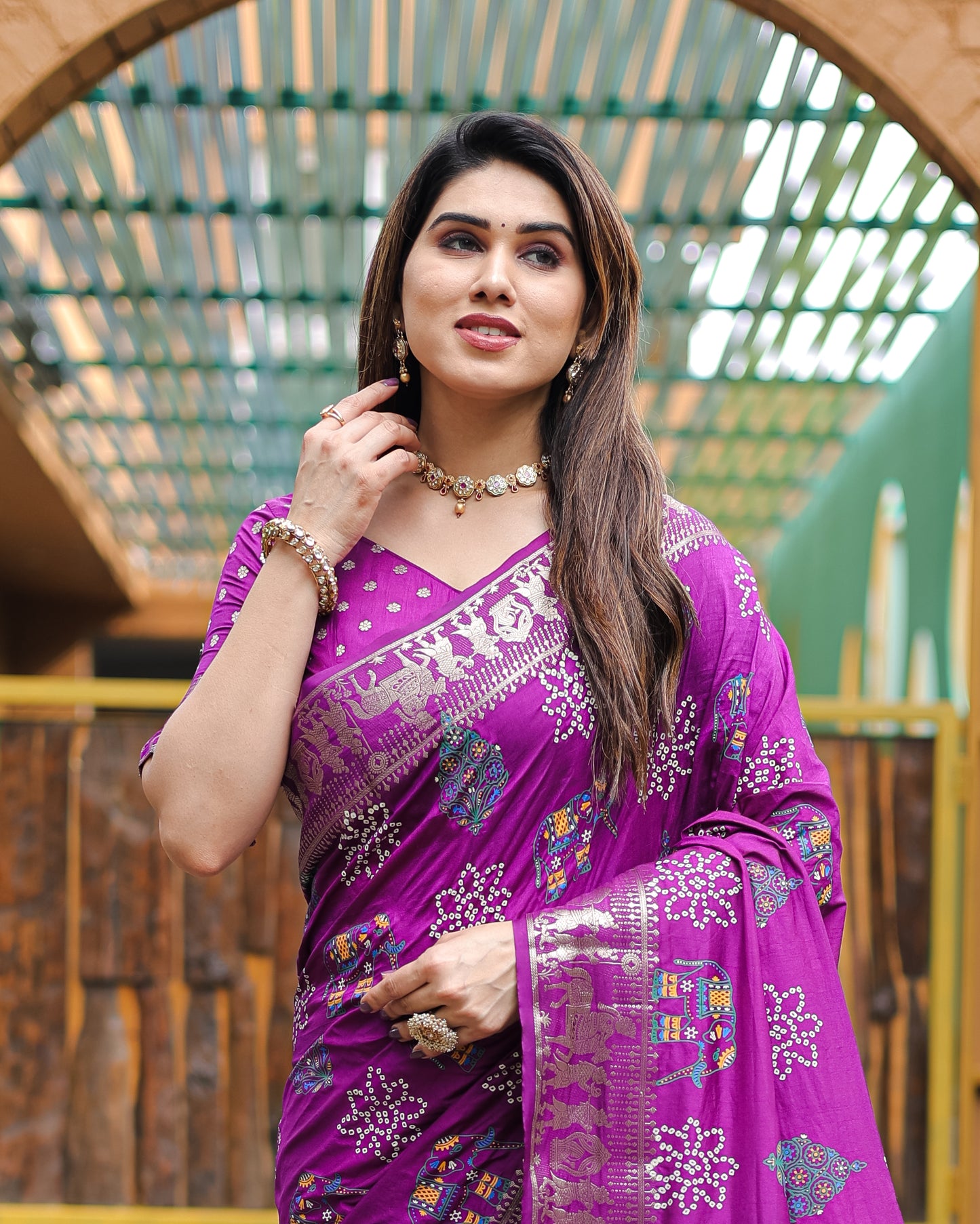 Purple Mastani Soft Dola Silk Bandhej Print Sarees With Kanchi Weaving Border And Allover Zari Border