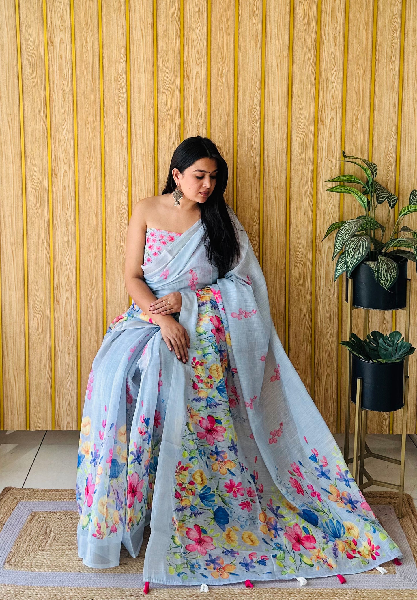 Light Blue Ritika Soft Linen Cotton Digital Print Saree With Batik Print With Silver Border