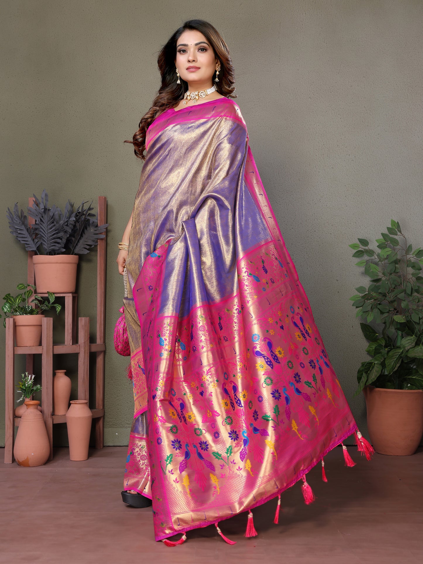Purple Mrudangi Pure Banarasi Tissue silk sarees contrast Paithani woven border classic pallu