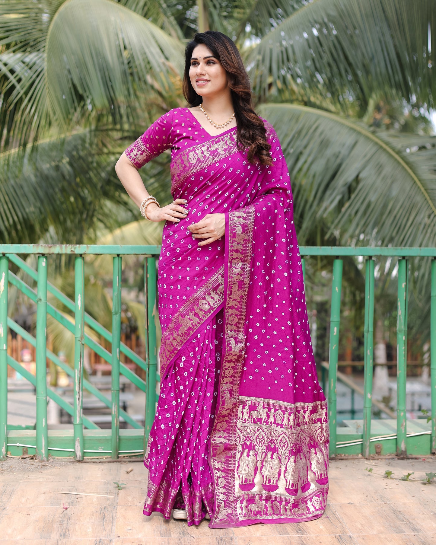 Purple Mausami Pure Bandhej Silk Saree With Zari Weaving Border & Rich Pallu With Beautiful Design And Broad Border