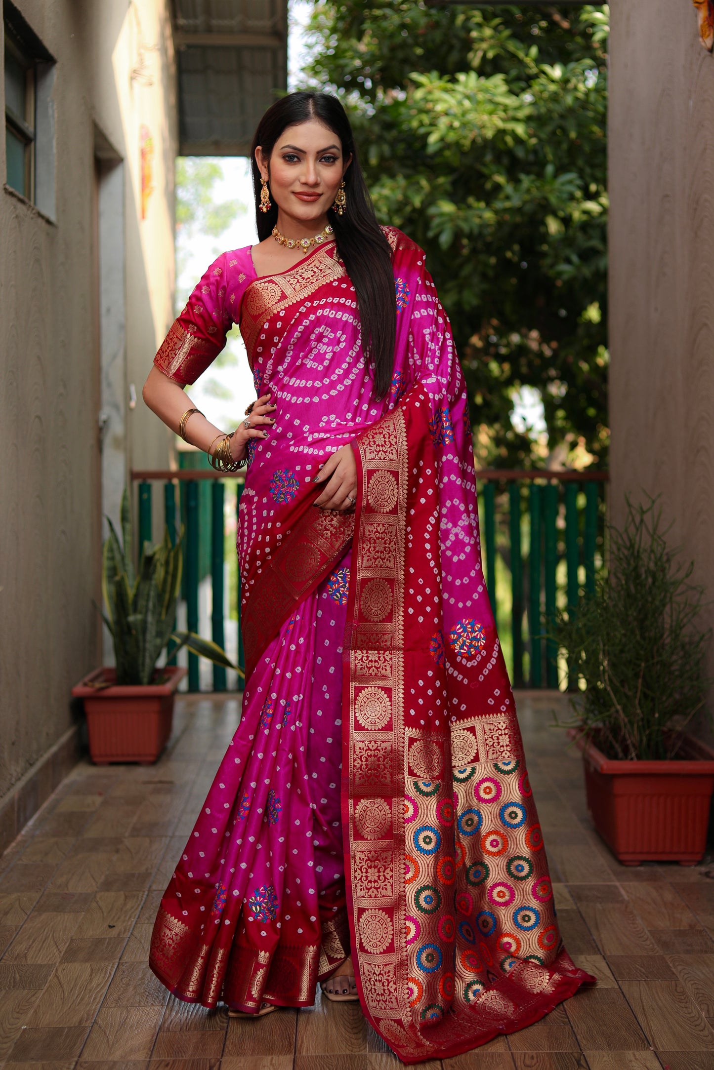 Dark Pink Ishani Pure Bandhej Silk Saree Minakari Weaving Butta With Zari