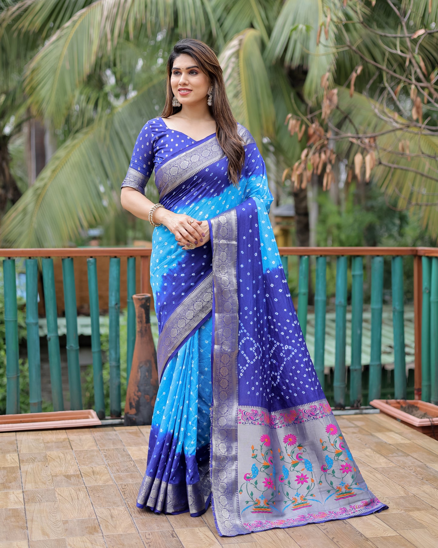 Blue Devika Dola Soft Silk Bandhej Sarees Jari Paithani Weaving Border & Weaving Paithani Style Rich Pallu