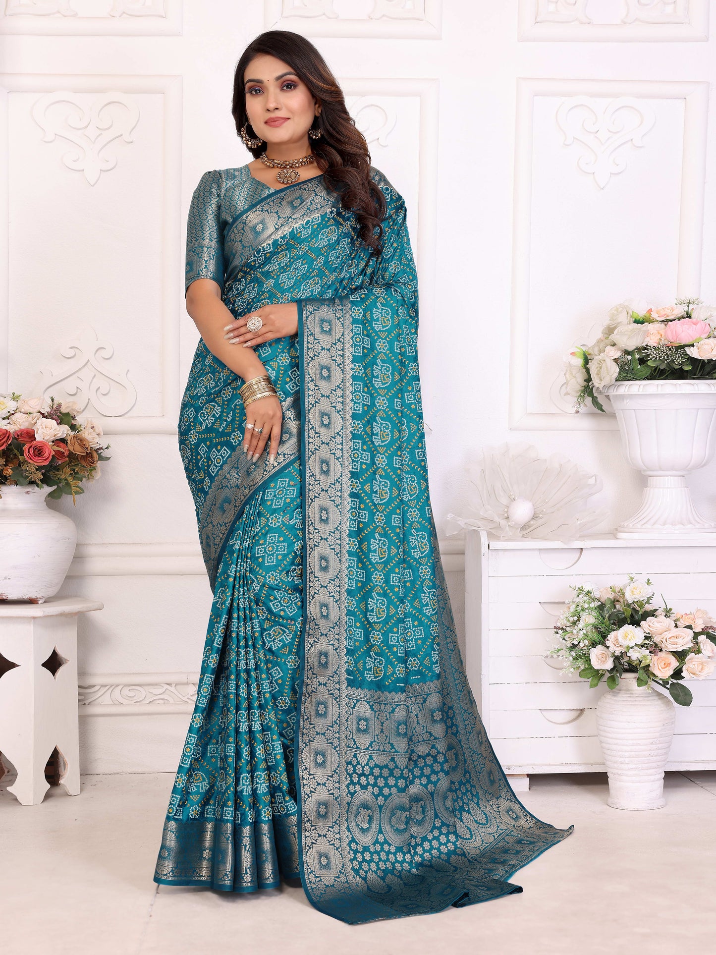Sky Blue Samshira Soft Satin Silk Bandhej Print Saree With Zari Border Design And Having Rich Pallu