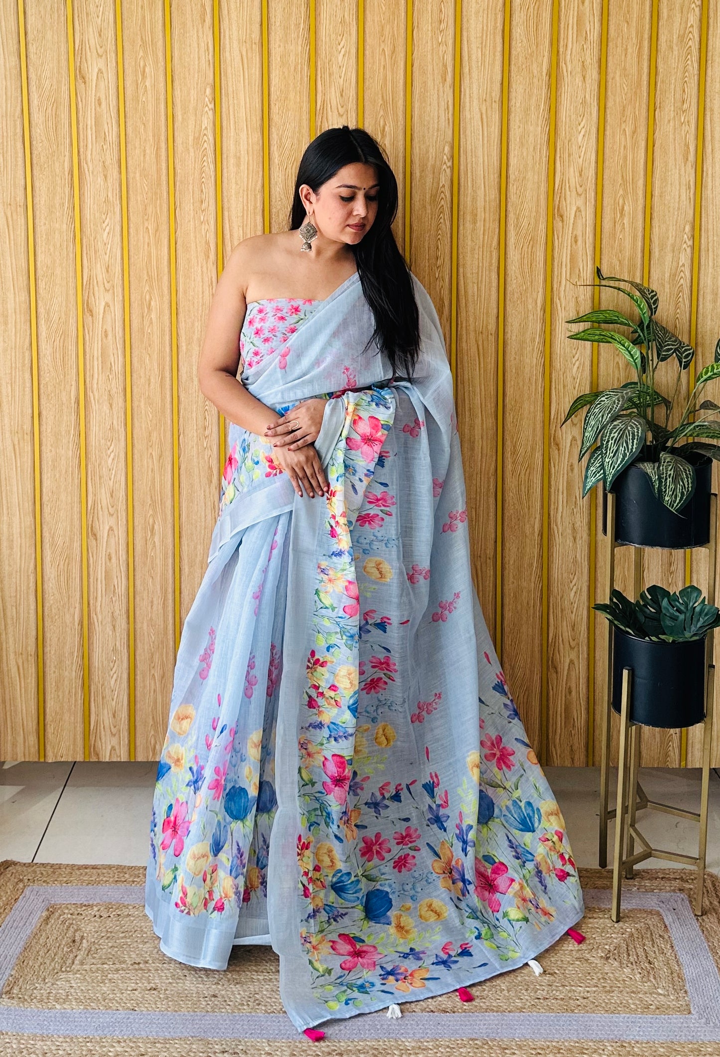 Light Blue Ritika Soft Linen Cotton Digital Print Saree With Batik Print With Silver Border