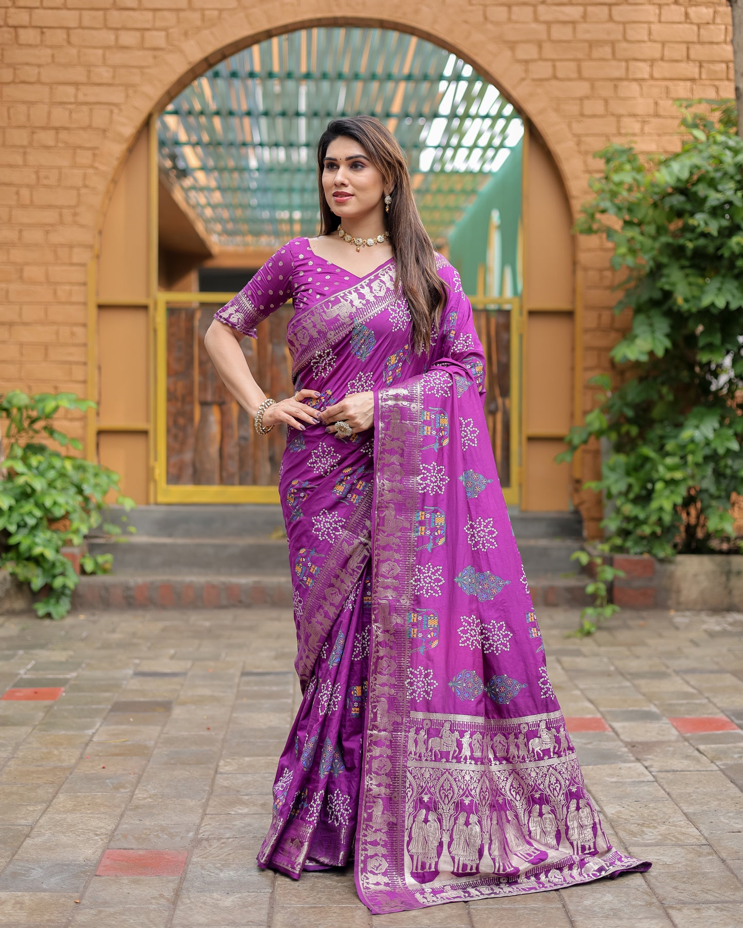 Purple Mastani Soft Dola Silk Bandhej Print Sarees With Kanchi Weaving Border And Allover Zari Border